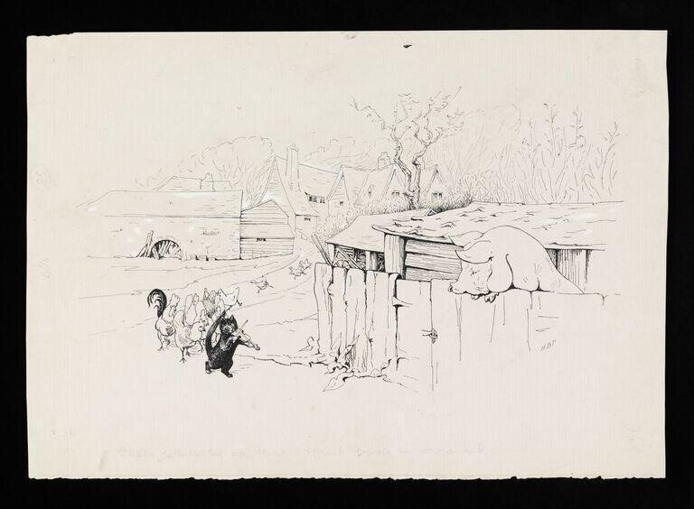 Pen-and-ink sketch of three figures dancing energetically in a farmyard with barn and reeds; one woman in long skirt, one man, and a pig.