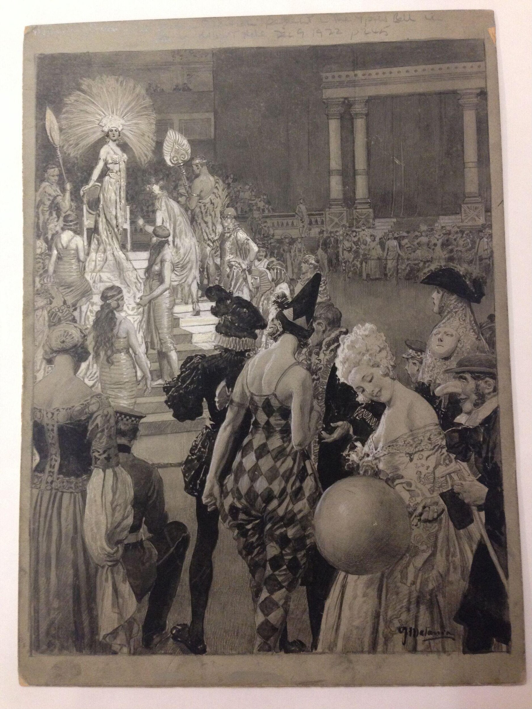 Elaborate 1920s theatrical pageant scene with costumed Queen of Sheba on a dais and contemporary fashionable figures processing toward her in a columned palace
