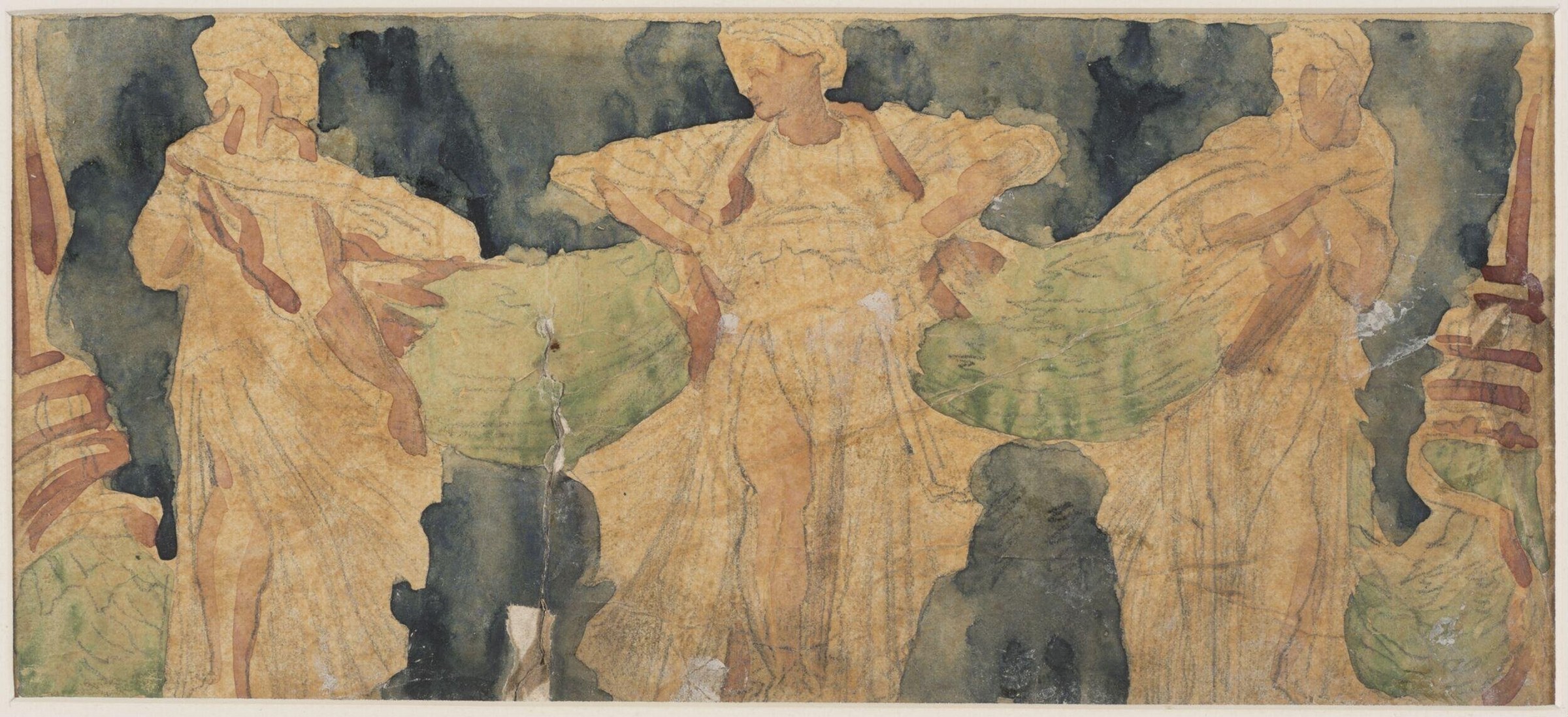 Three female figures in pale classical drapery stand in graceful contrapposto against a dark background, arms positioned in open gestures.