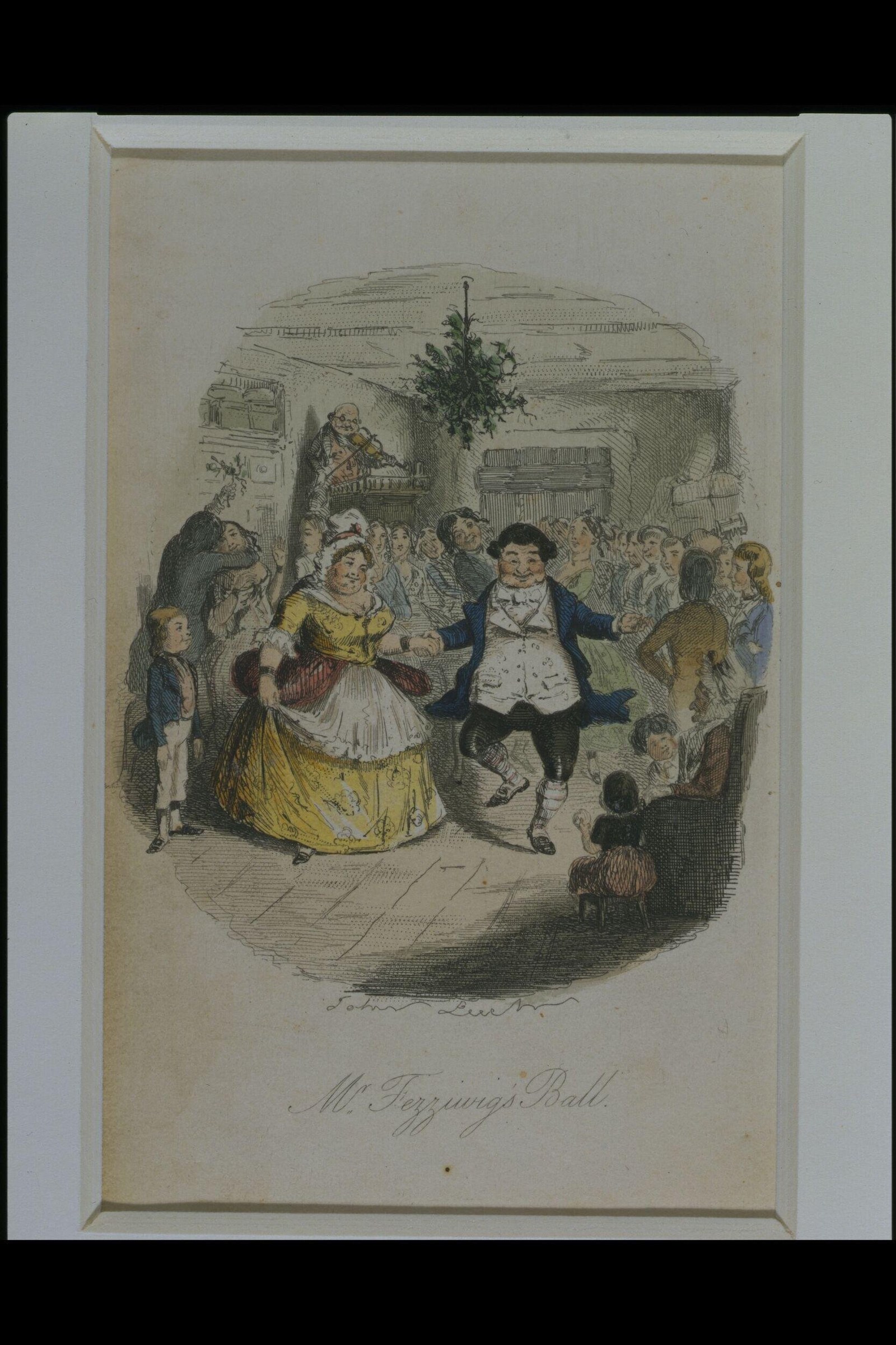 A crowded ballroom scene in hand-colored engraving: a rotund man and woman in yellow dance animatedly at center while onlookers crowd the room beneath