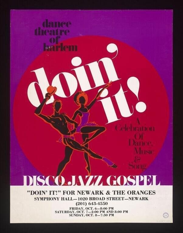 Three silhouetted dancers in expressive poses within a crimson circle on a purple background, with bold white typography advertising a Dance Theatre of Harlem