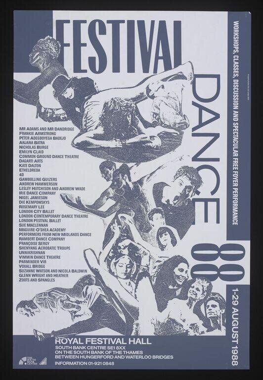 Dance Umbrella Festival 1988 poster: black and white photomontage of fragmented, inverted dancers with bold typography.