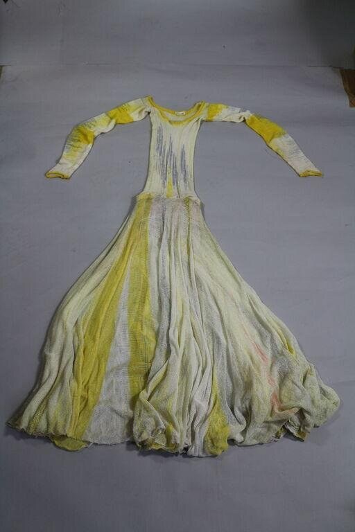 Pale yellow and cream striped theatrical dress with fitted bodice and deeply gathered skirt, displayed flat against white background.