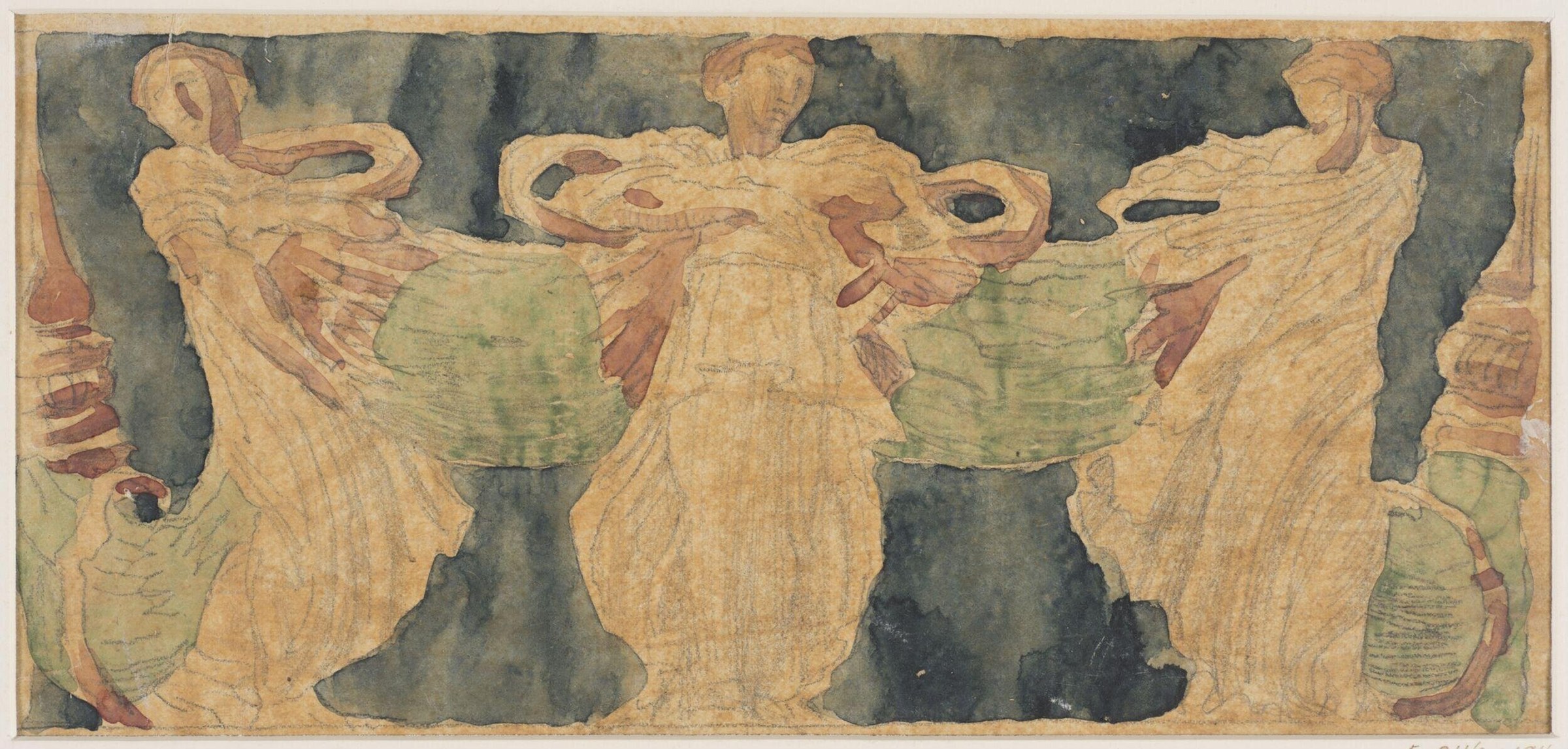 Five draped women in classical Greek garment arranged in a frieze, each with raised arms and turned torso, suggesting rhythmic processional motion.