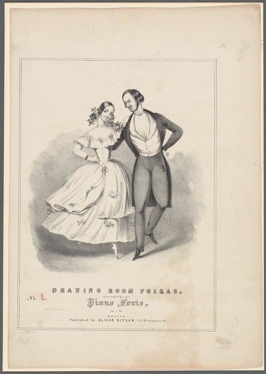 A man and woman in Victorian dress hold a closed ballroom position in a moment of the polka, a couples' dance of the mid-nineteenth century.