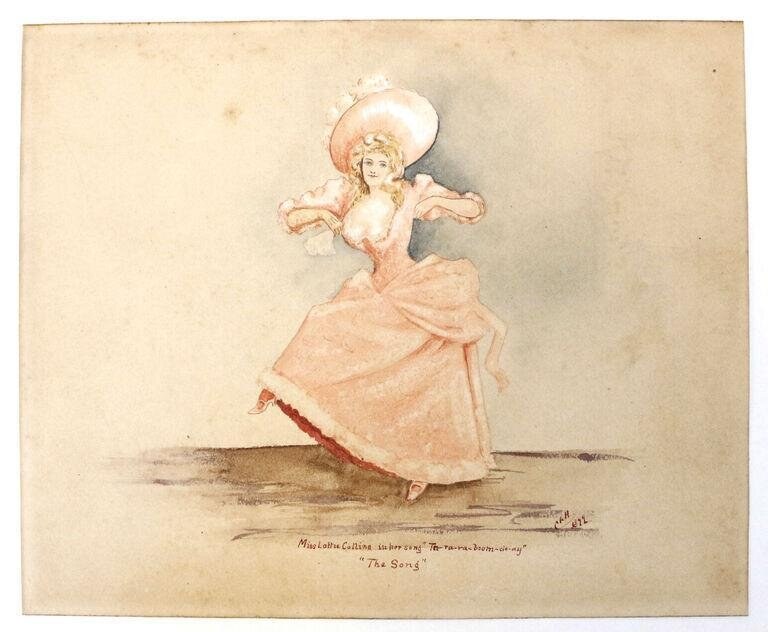 Watercolor of a woman in a peach gown and wide-brimmed hat, arms extended, in a theatrical pose.