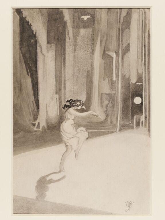 Nude contortionist seated on floor, head twisted backward, body folded in extreme pose, in abstract architectural space.