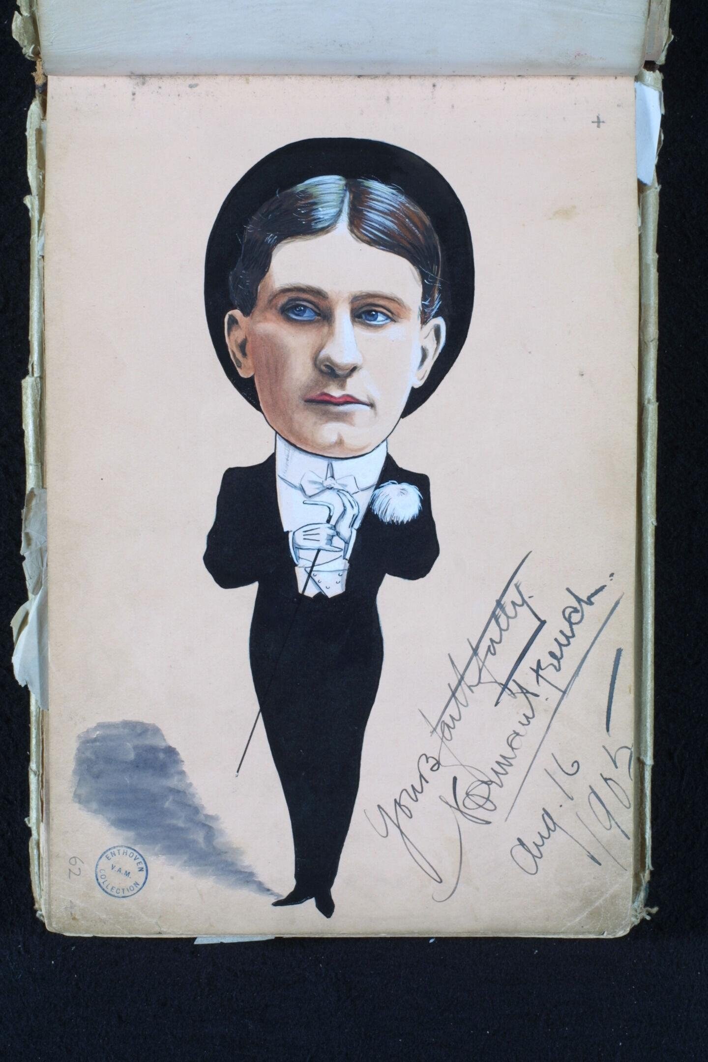 Caricature of a man in black tailcoat and white shirt, with exaggerated swollen torso and pale blue eyes, signed in pen at lower right.