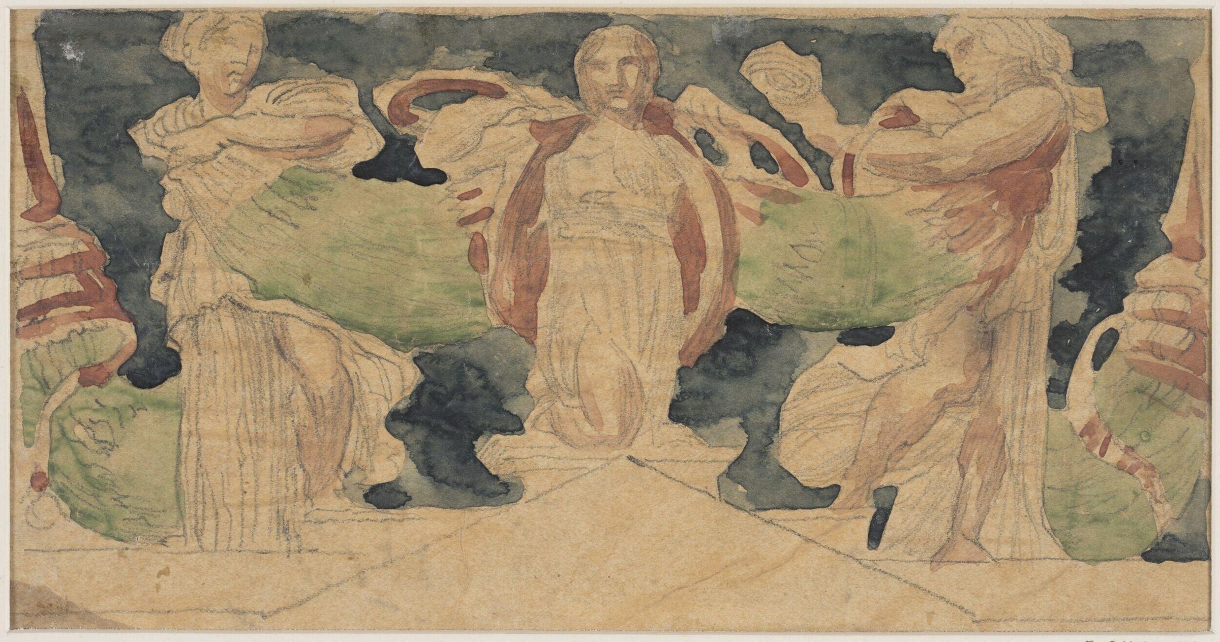 Five draped female figures in classical dress arranged in a frieze-like formation, rendered in watercolor and ink with soft, flowing gestures.