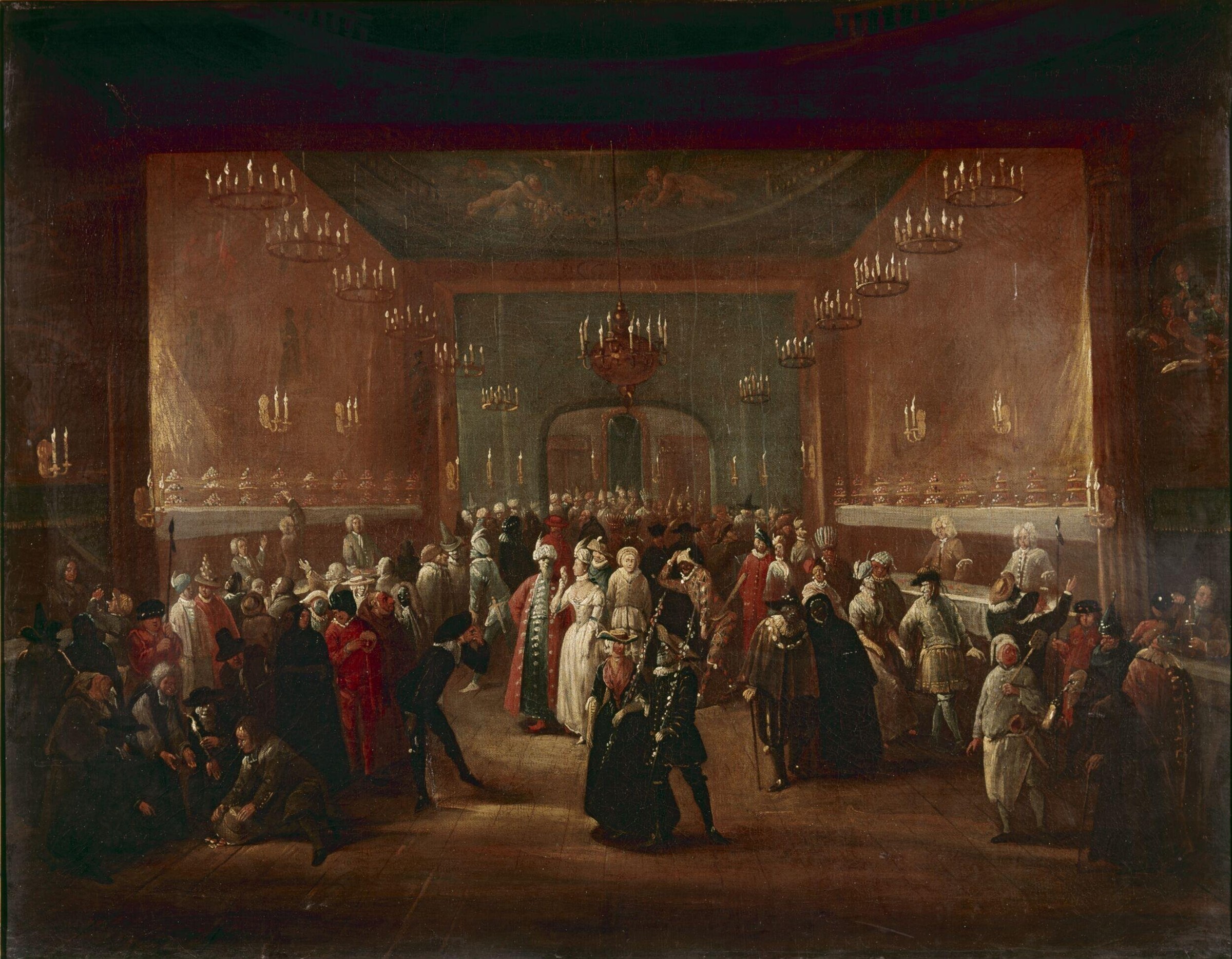 Masquerade ball at the King's Theatre, Haymarket: dozens of costumed figures in silks and formal dress circulate through a candlelit columned hall.