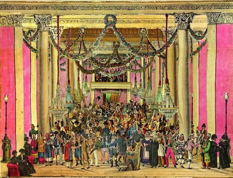 Hundreds of masked and costumed figures dance and mingle in a grand columned ballroom draped with garlands and festive greenery.