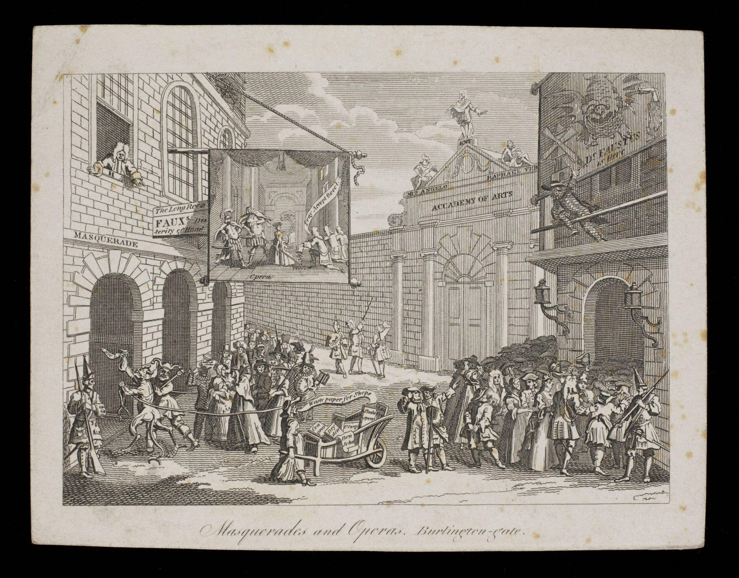 Crowded 18th-century street scene with three labeled classical buildings: a masquerade venue, opera house, and academy of arts, thronged with fashionably