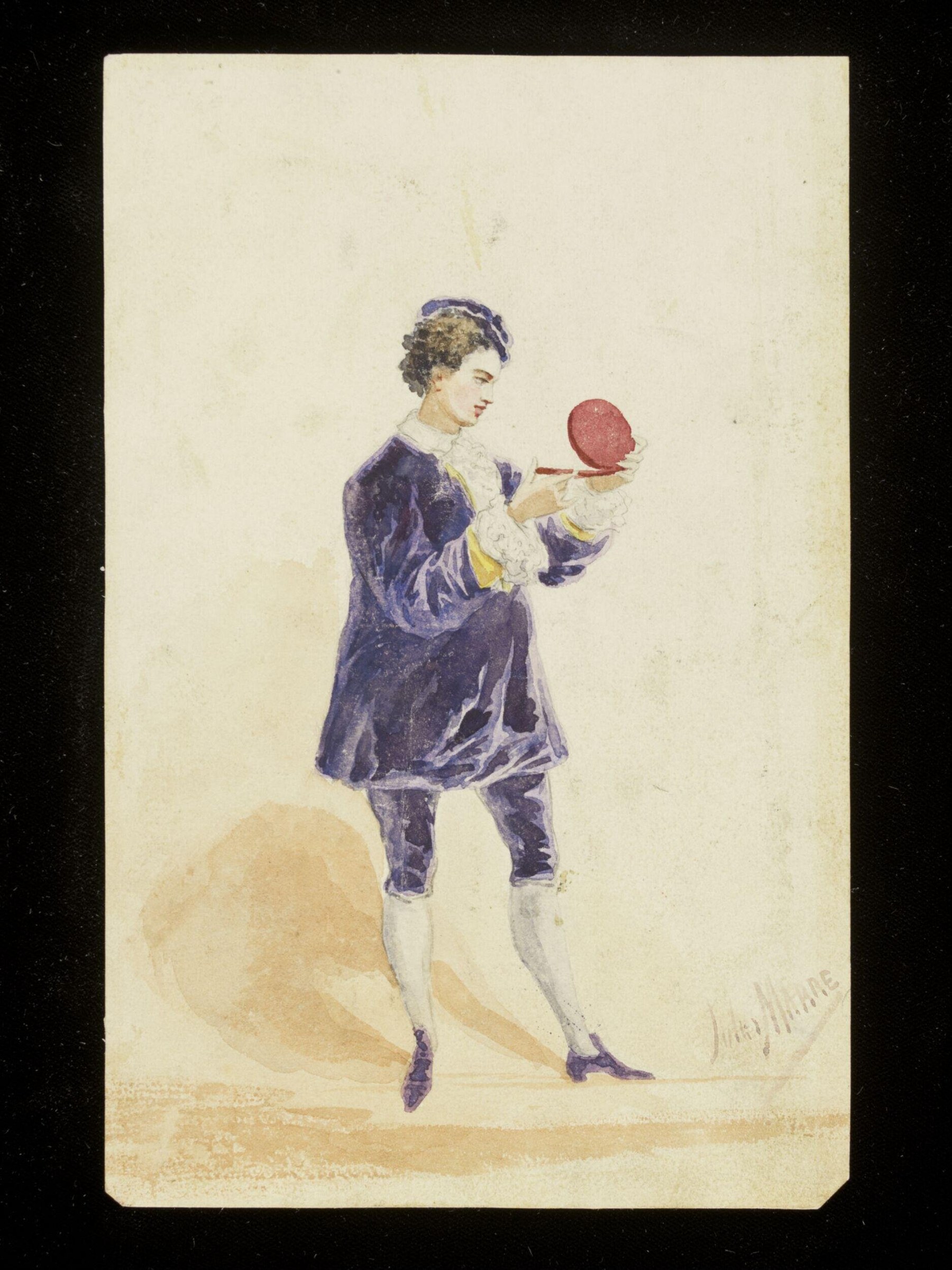 A woman in a purple velvet dress with lace trim, yellow ribbon, and purple headband stands holding a red ball, in an 1860s fashion illustration.