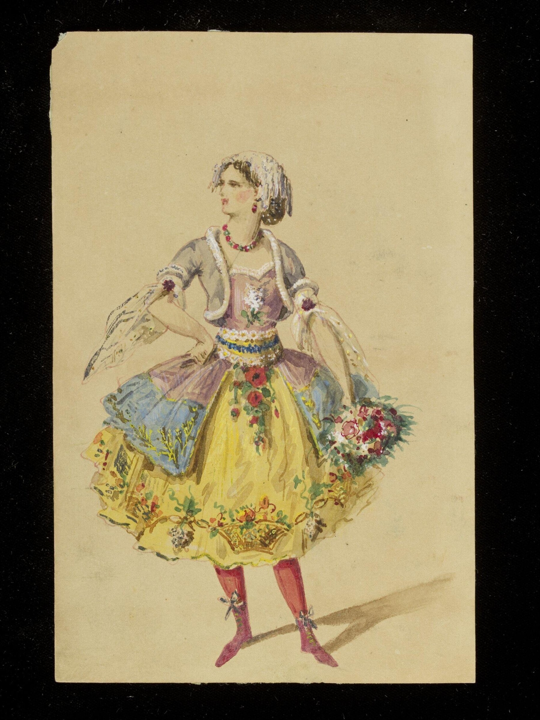 Watercolor costume design showing a woman in an elaborate yellow skirt, mauve bodice, jeweled ornaments, and draped blue silk cape, standing in a posed display