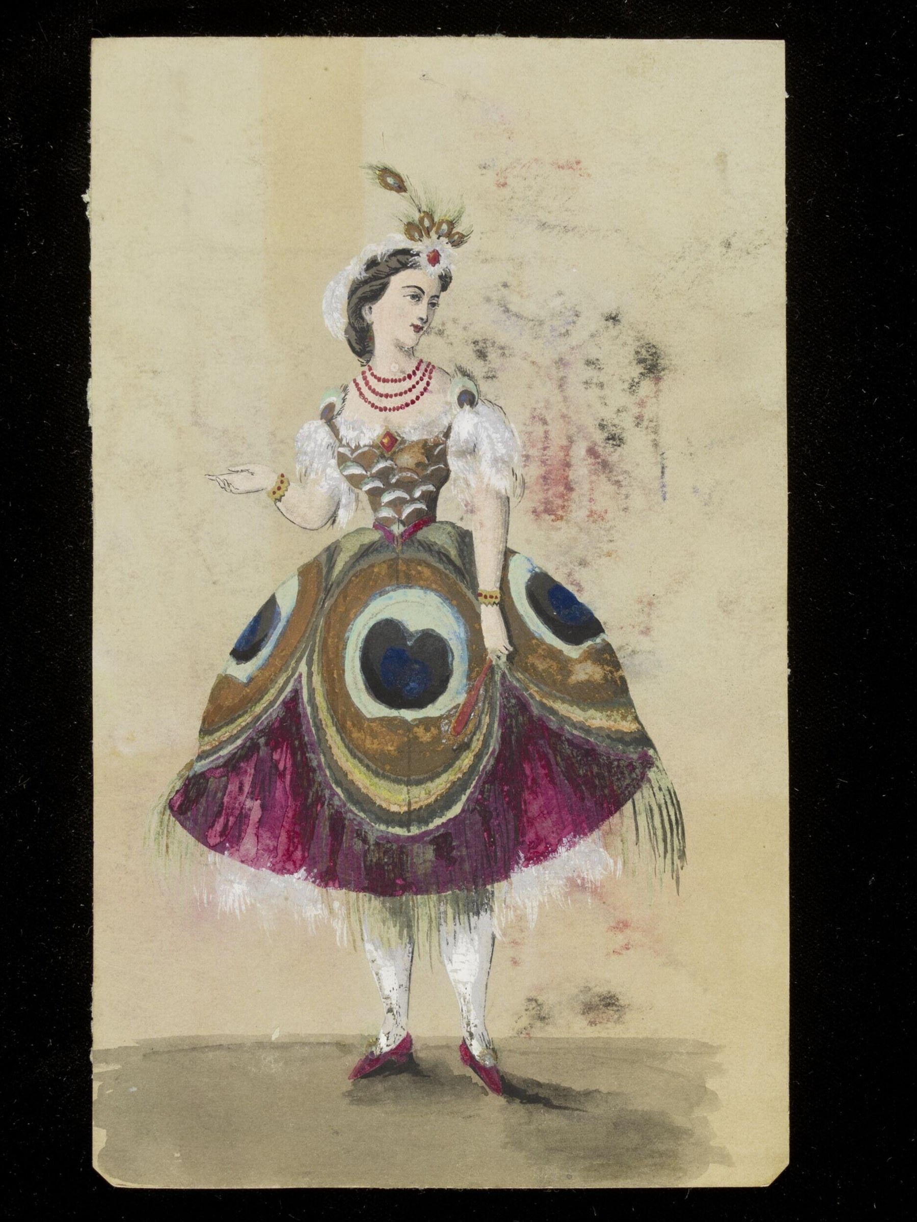 Watercolour design for an ornate peacock costume with eye-patterned skirt, jeweled details, and feathered headdress, by Charles Frederick Worth.
