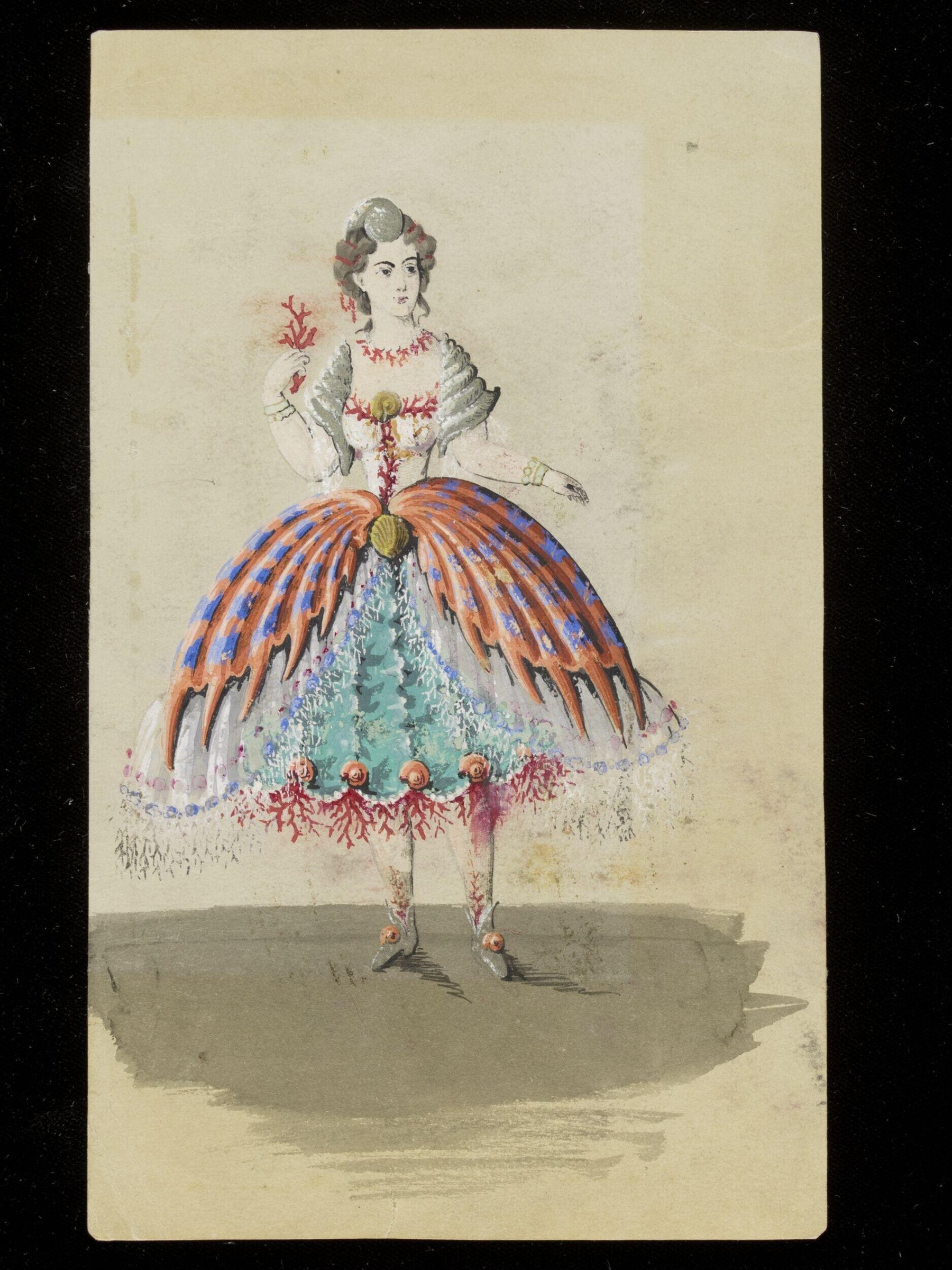Watercolour costume design showing a woman in an elaborate fancy-dress gown with coral ornament and fluted green skirt panels, 1860.