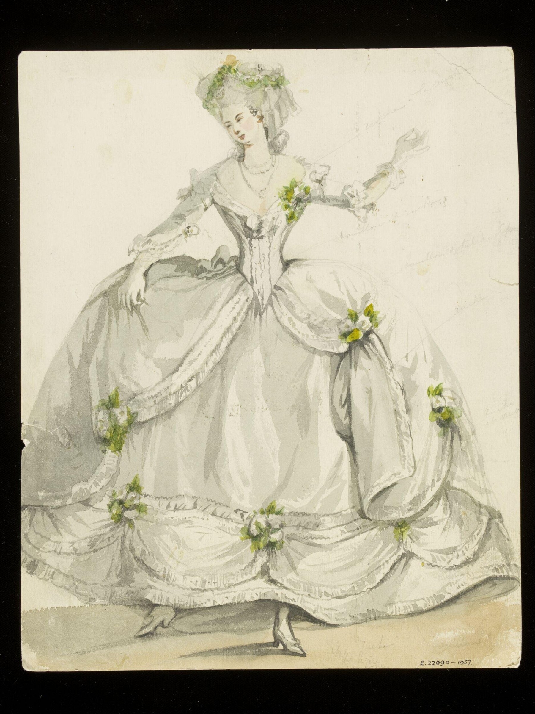 Watercolor design for an ornate pale cream silk gown with scalloped skirt swags trimmed in small yellow flowers, worn by a graceful standing woman.