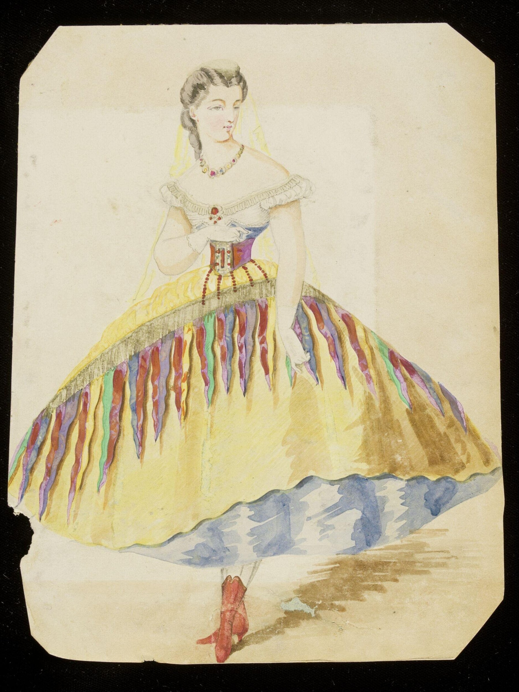 Watercolour costume design of a woman in a pale yellow ball gown with colourful fringe trim, jewelled necklace, and yellow veil.