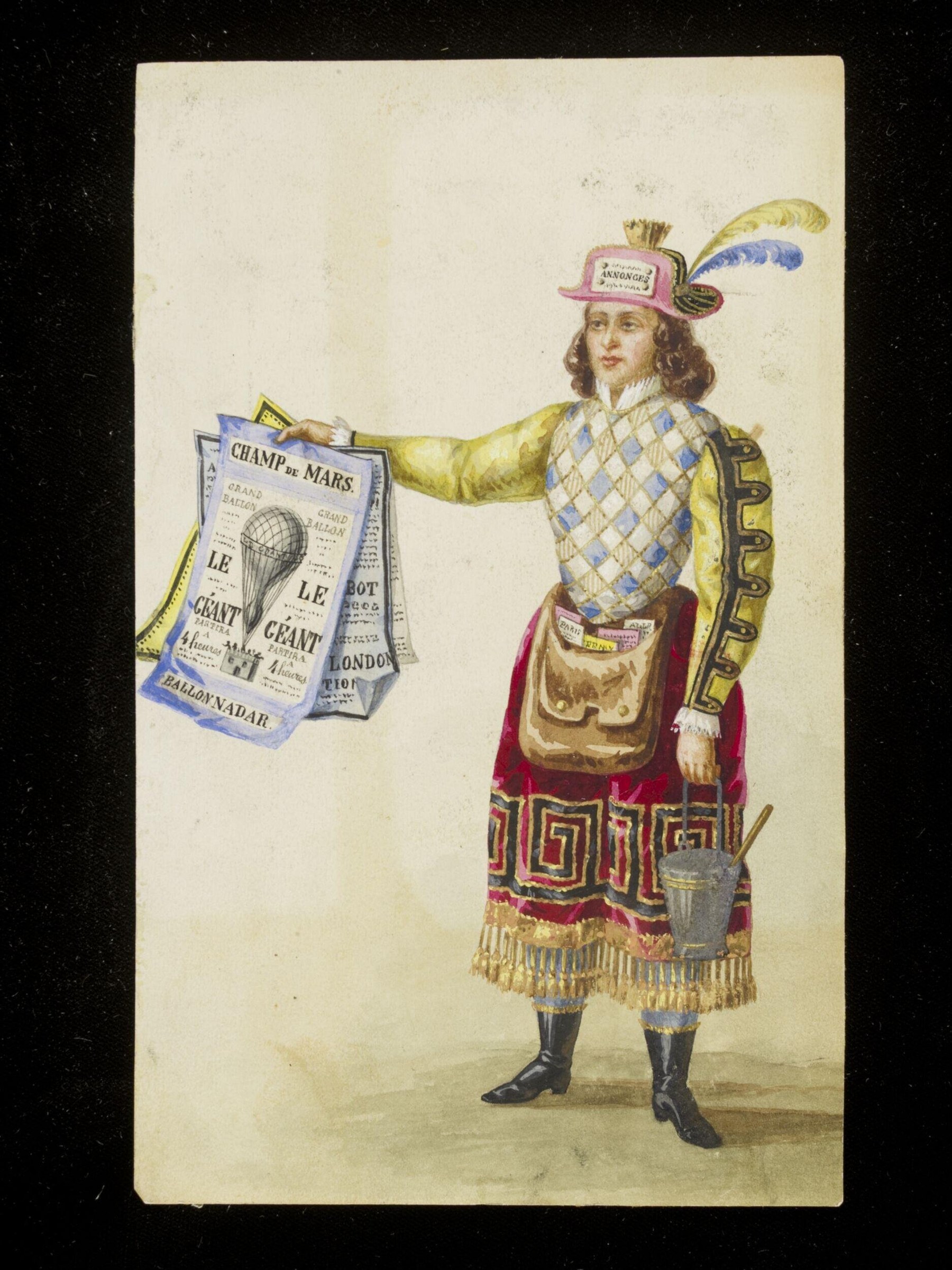 Hand-colored engraving of a street performer in vivid yellow jacket and burgundy skirt, holding an advertisement for balloon ascents, Paris c.1860.