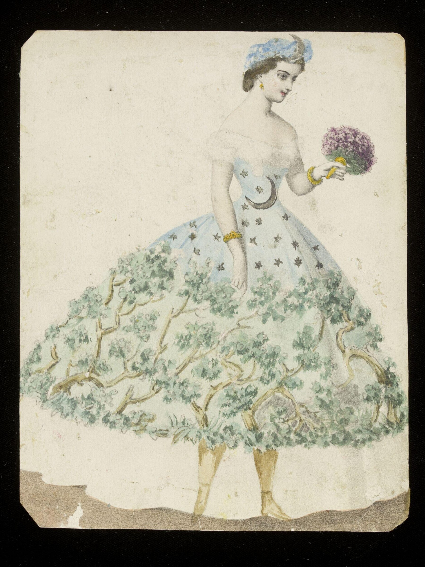Woman in profile wearing an elaborate gown with a skirt made of flowering plants and a bodice decorated with stars and a crescent moon.