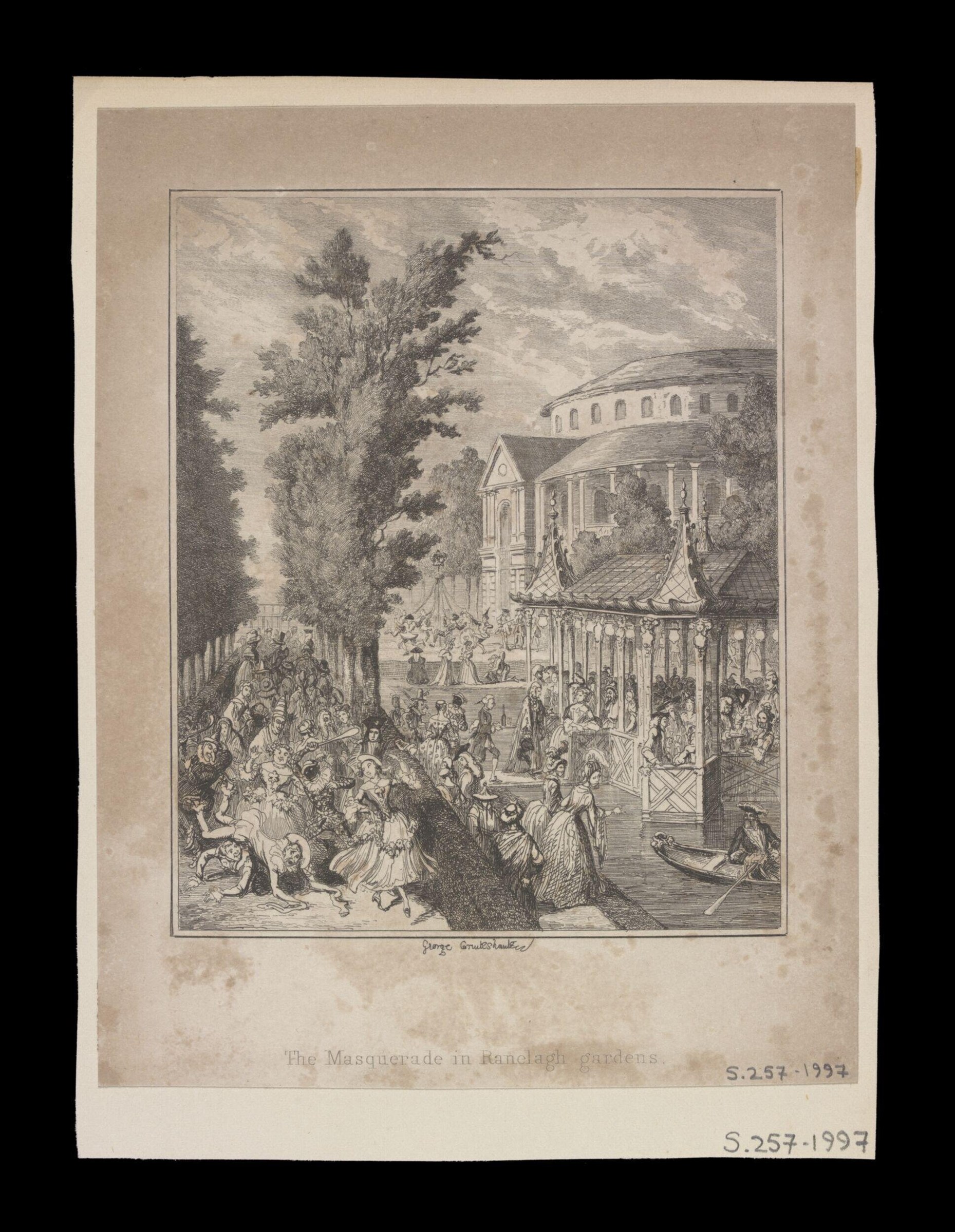 Engraved scene of a masquerade in progress at Ranelagh Gardens, with hundreds of masked figures in 18th-century dress dancing and promenading in front of a