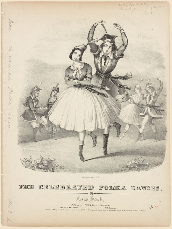 A couple in Victorian dress performing a polka in a ballroom, surrounded by onlookers clapping and gesturing, the woman's skirt swirling.