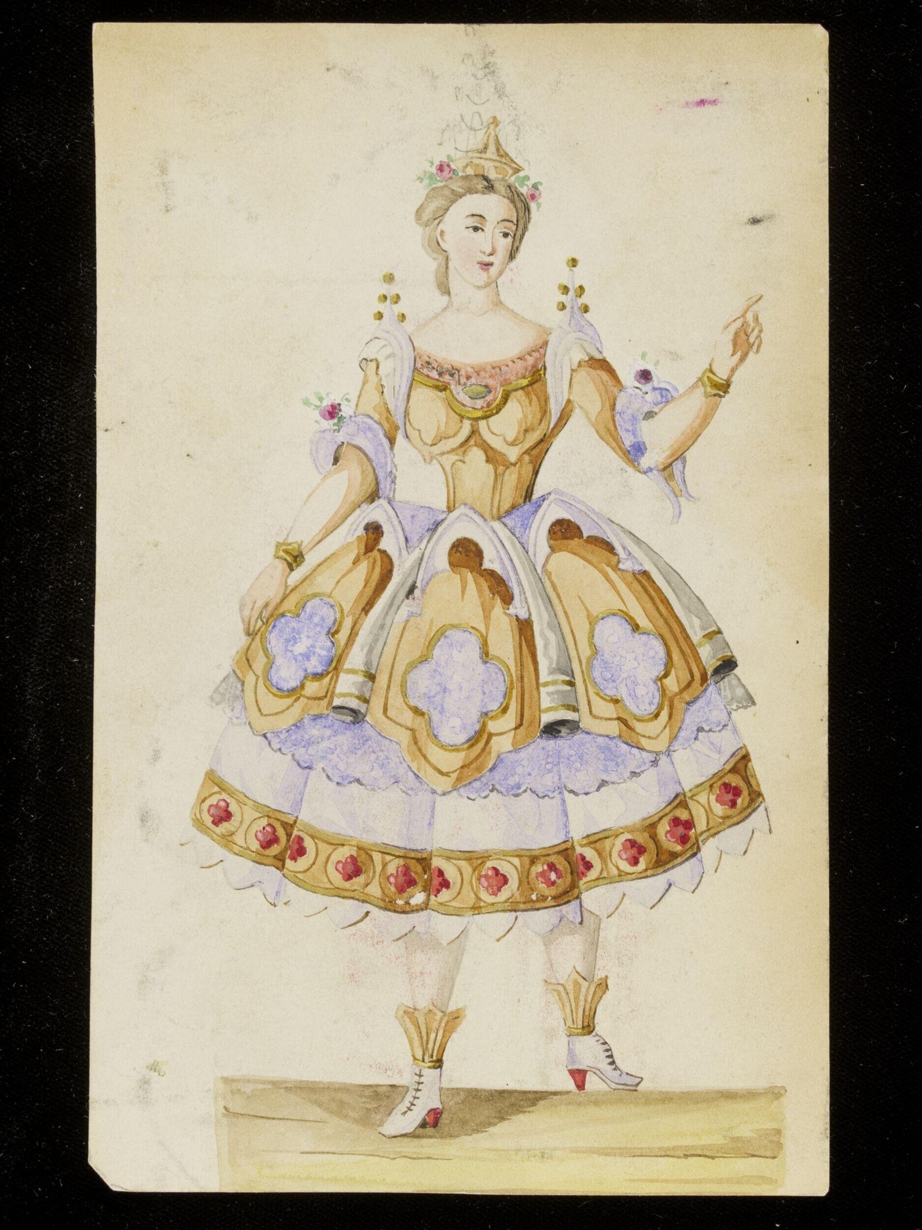 Watercolor costume design showing a woman in an elaborate golden tiered gown with lavender draperies and a star-topped headdress.