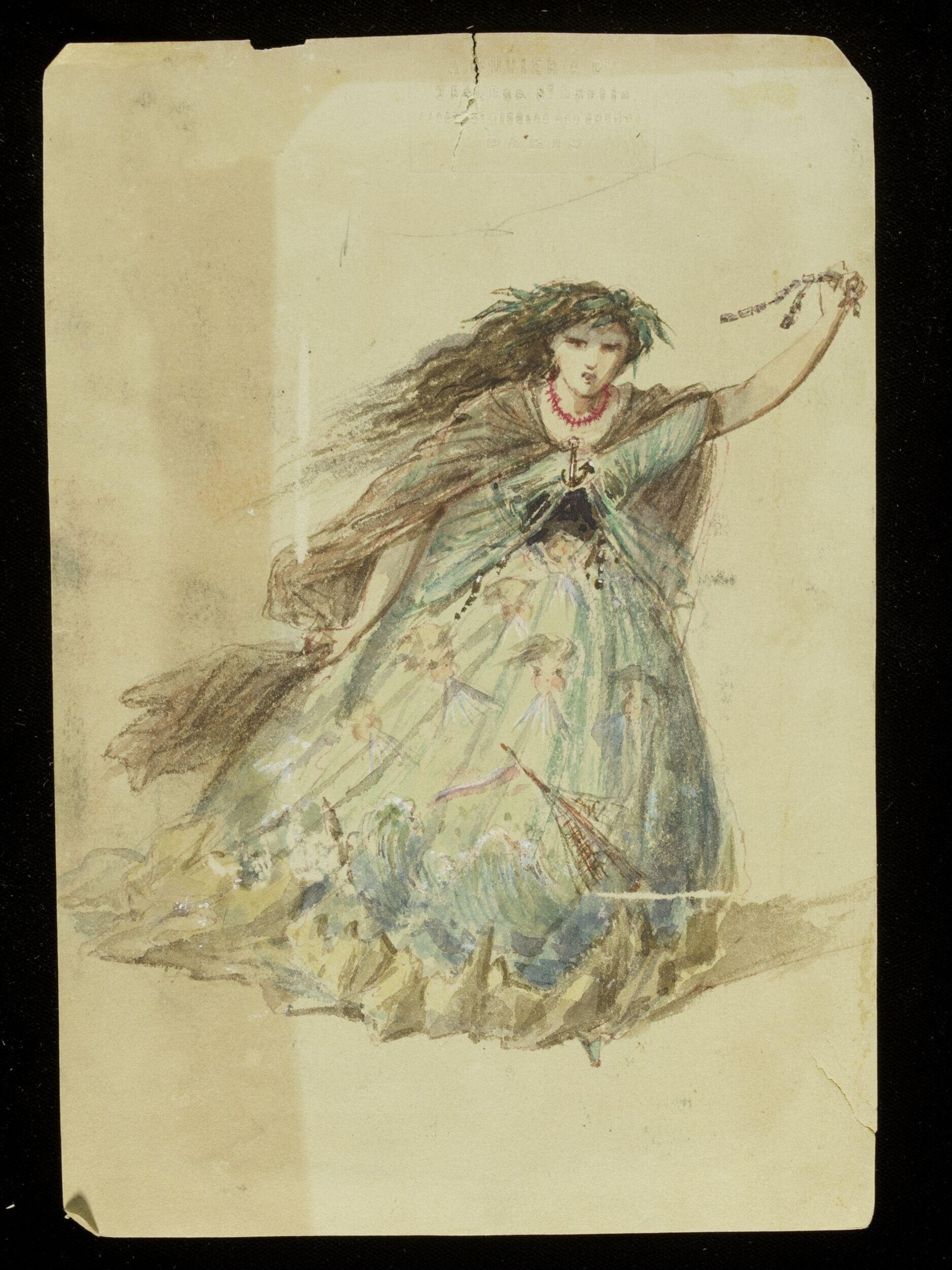 Watercolor drawing of an ethereal female figure in a flowing green gown, holding a garland, in a suspended lyrical pose characteristic of 1860s romantic ballet