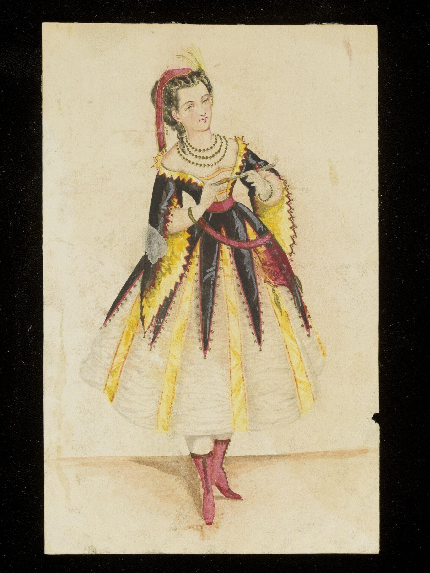 Costume design drawing of a woman in an elaborate fancy dress with black bodice, yellow-and-white striped skirt, red cloak, feathered headpiece, and beaded