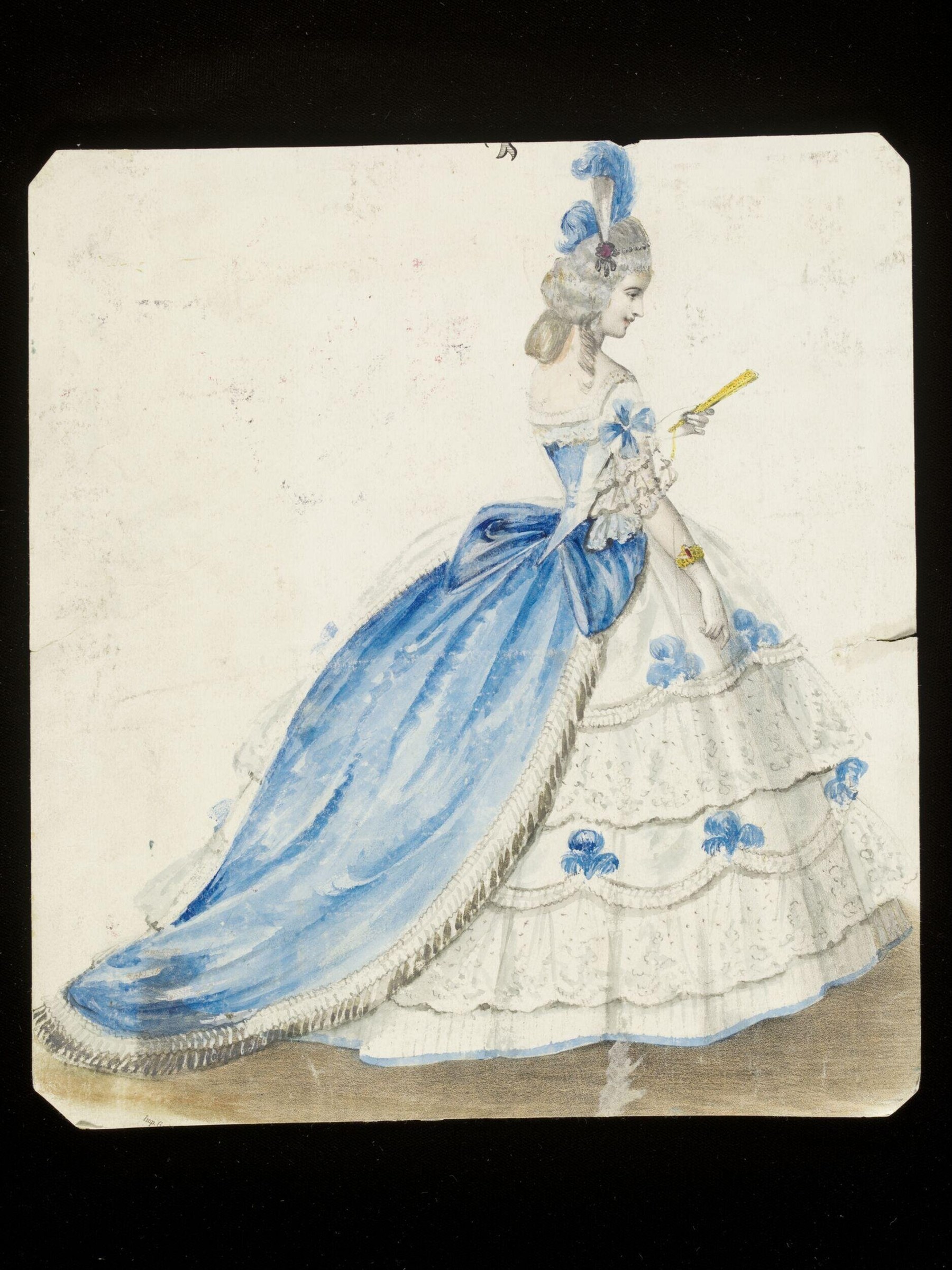 Watercolor of a woman in elaborate blue and white eighteenth-century court dress with ostrich plumes, posed in elegant profile.