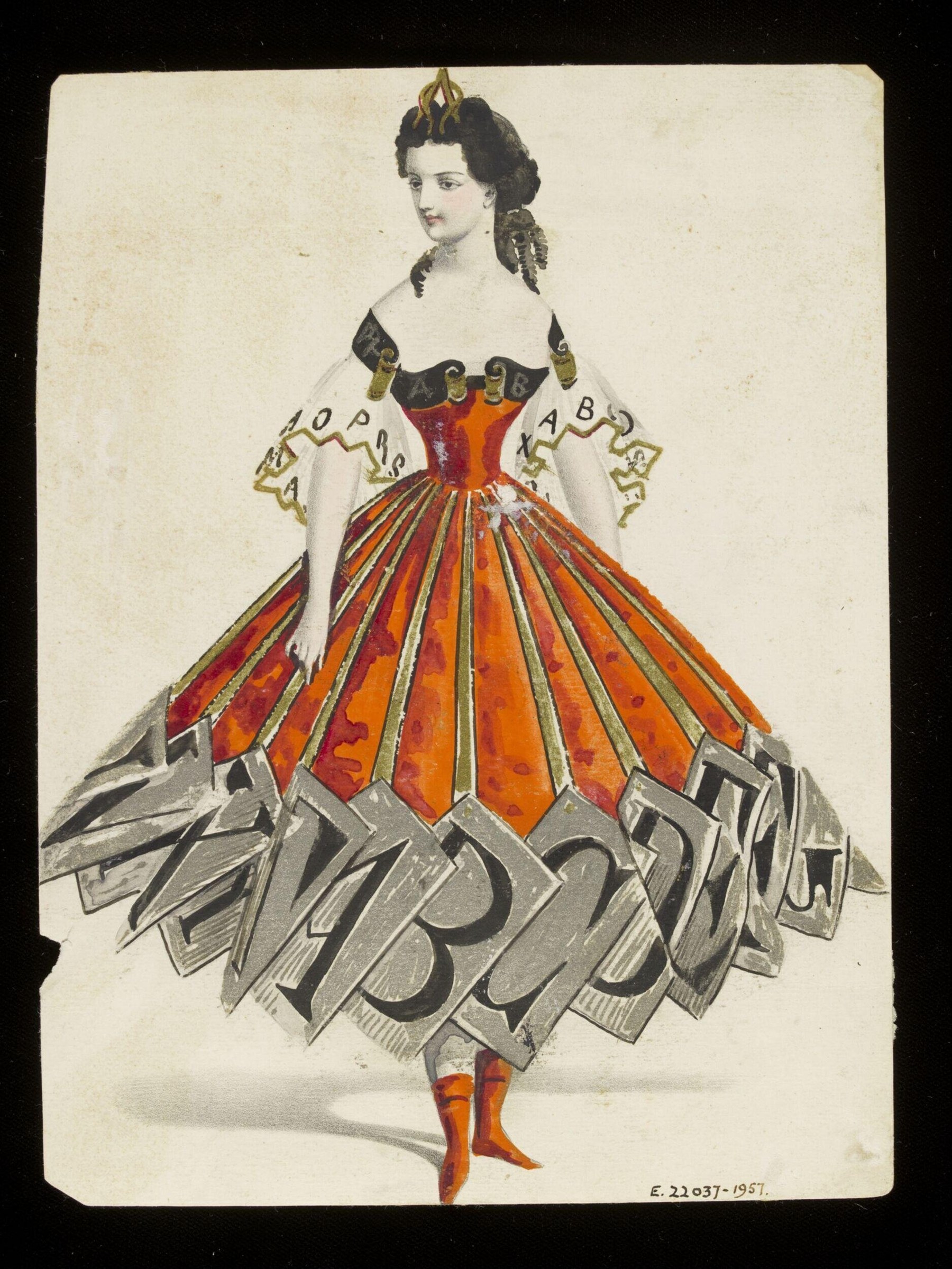 Woman in 1860s fancy dress costume with numbered and lettered panels radiating from her skirt, outlined in gold.