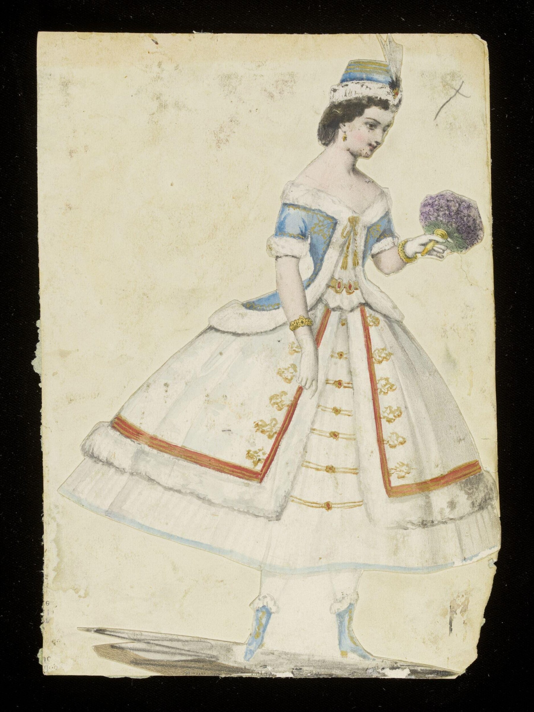Hand-colored fashion plate of a woman in an 1860s ball gown with blue bodice, white fur trim, and cream skirt with gold and red ribbon bands, holding a purple
