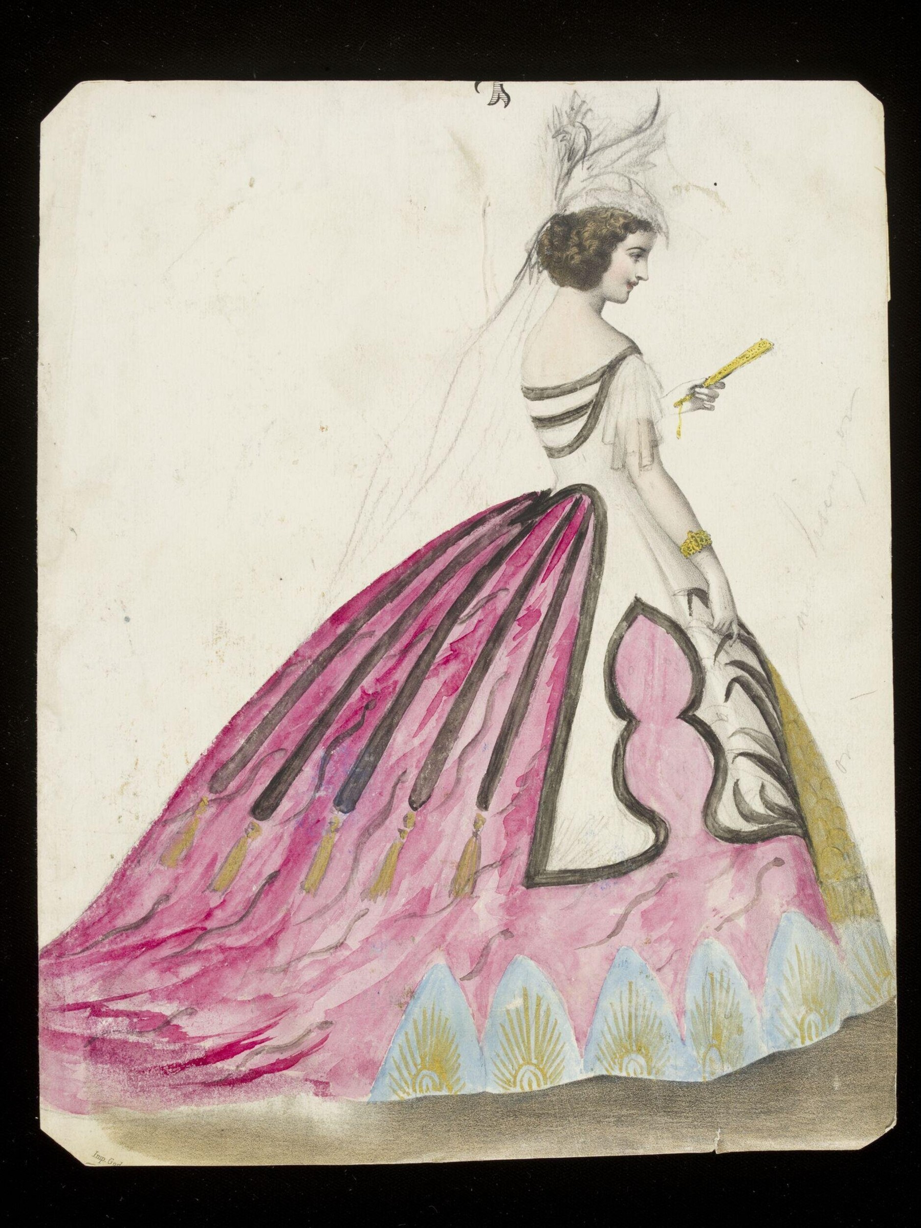 A standing figure in profile wears a white draped upper garment and an enormous magenta and purple pleated skirt, holding a gold scepter.