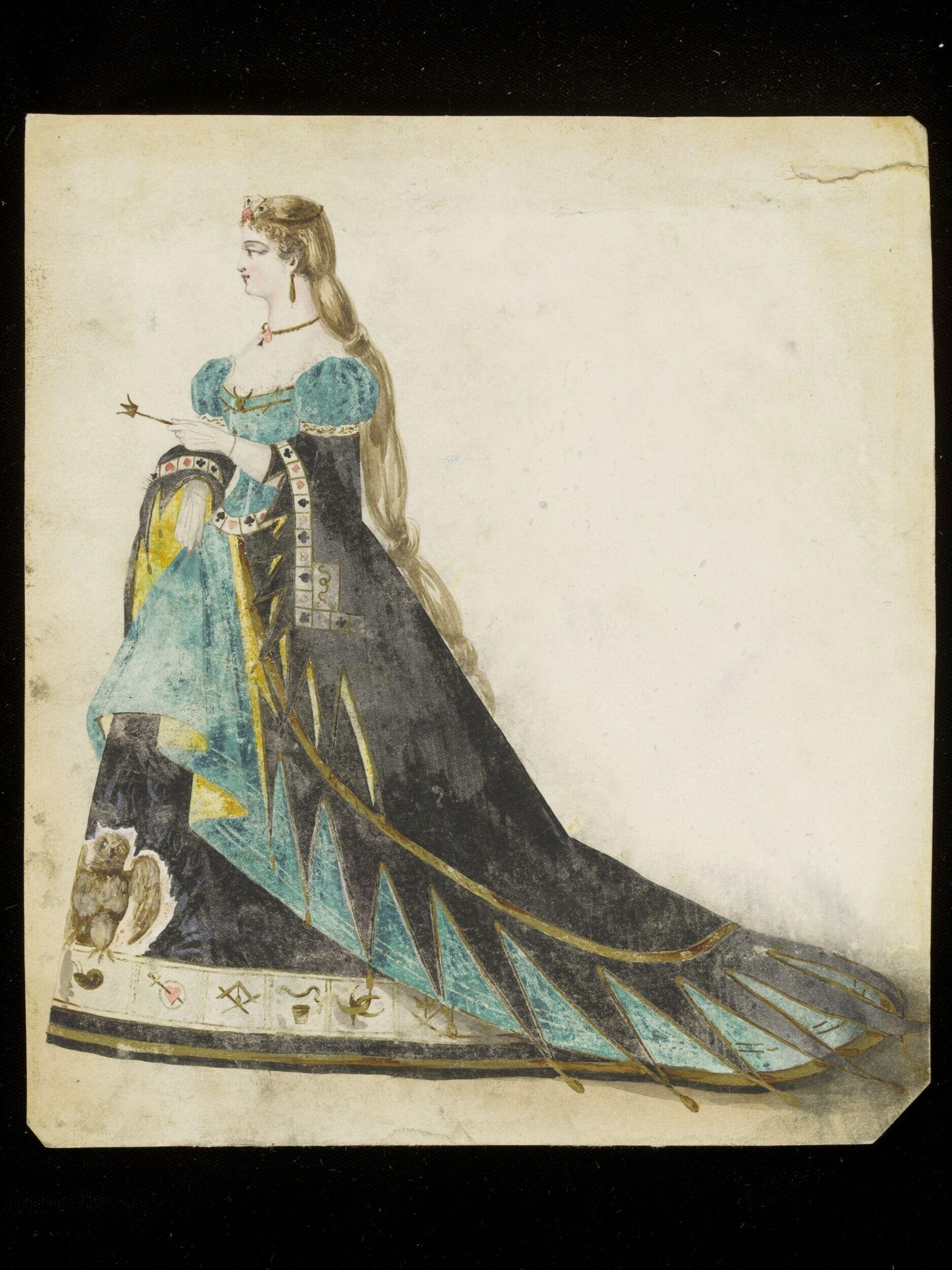 Costume design drawing: woman in profile wearing turquoise and gold fantasy dress with enormous puffed sleeves and long train.
