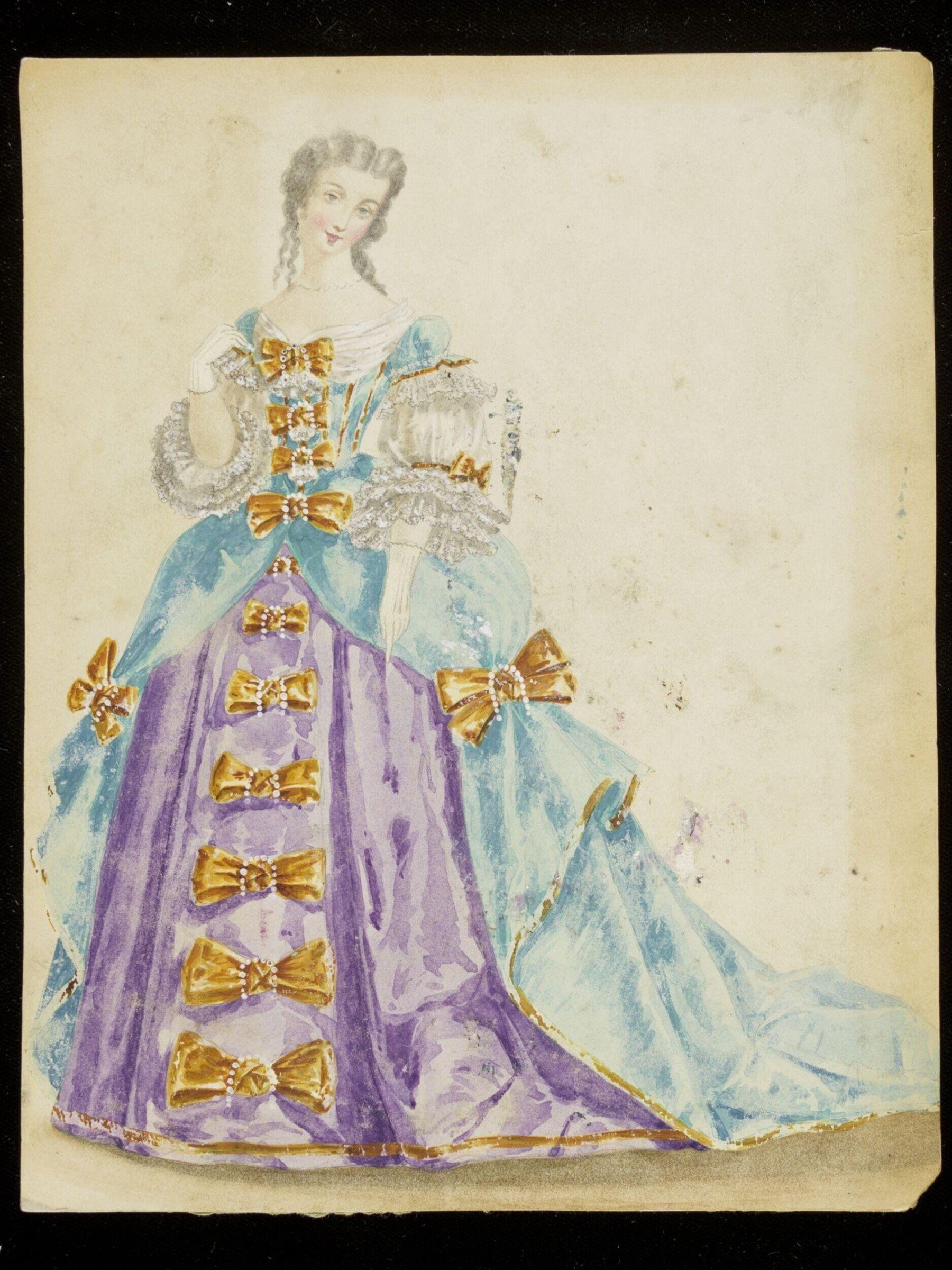 Hand-colored watercolor design of a ball gown with pale blue overskirt, purple underskirt, and gold bows, shown on a standing female figure.