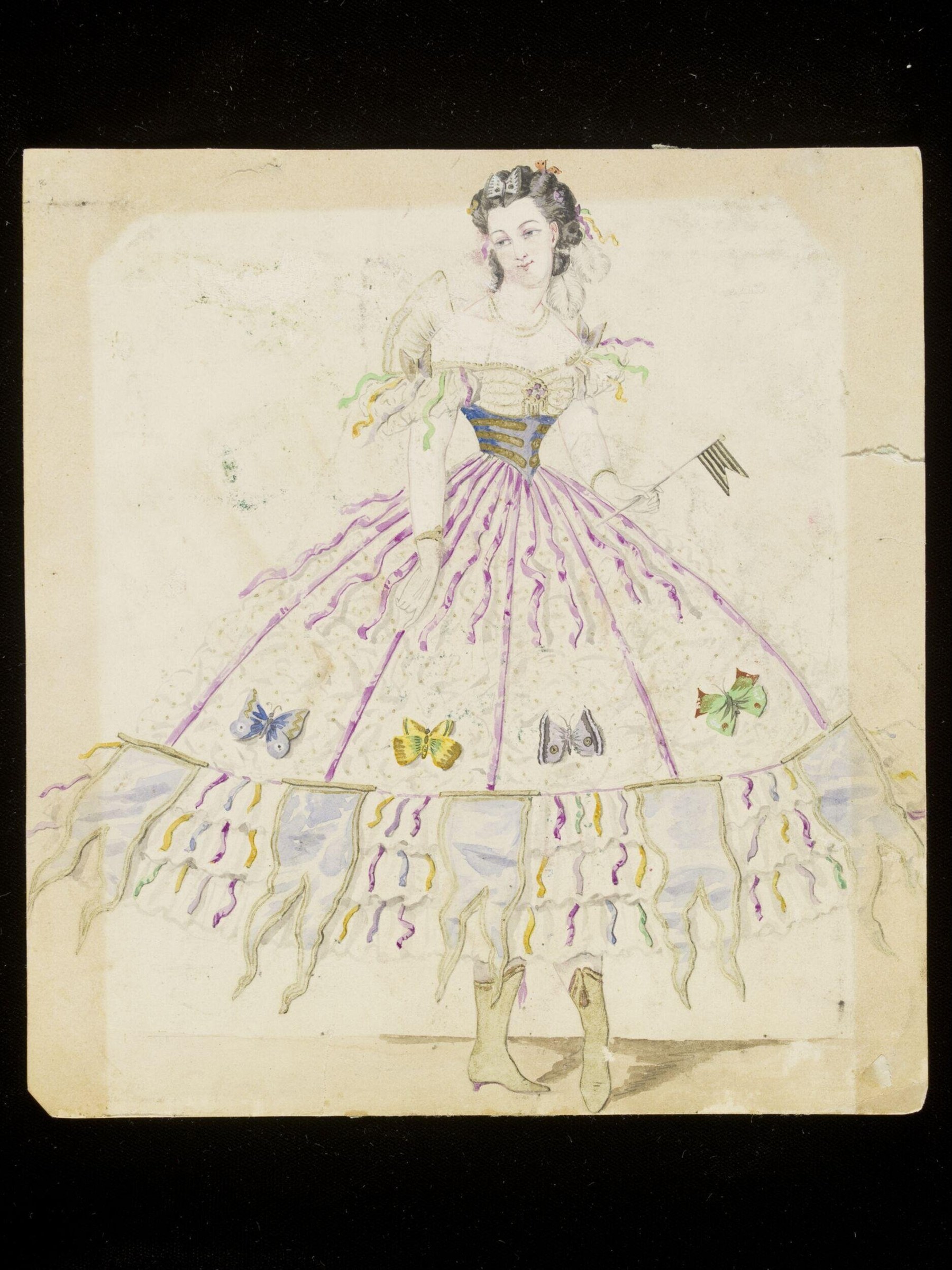 Watercolor costume design showing a woman in an elaborate cream and purple gown with butterfly motifs and theatrical fringe, 1860s.