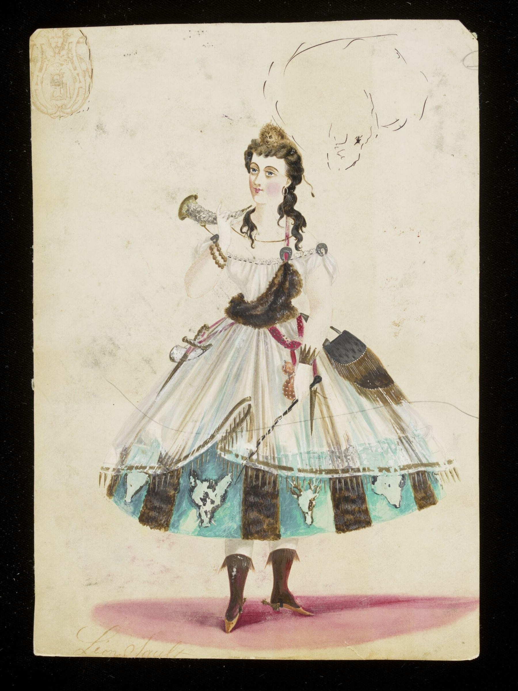 Woman in elaborate white ball gown with turquoise and brown striped skirt holding golden ornament, standing for costume design presentation.