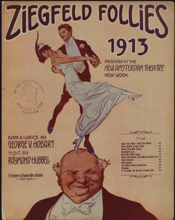1913 Ziegfeld Follies cover showing man in suit supporting woman in white gown arched dramatically backward, with caricatured face below.