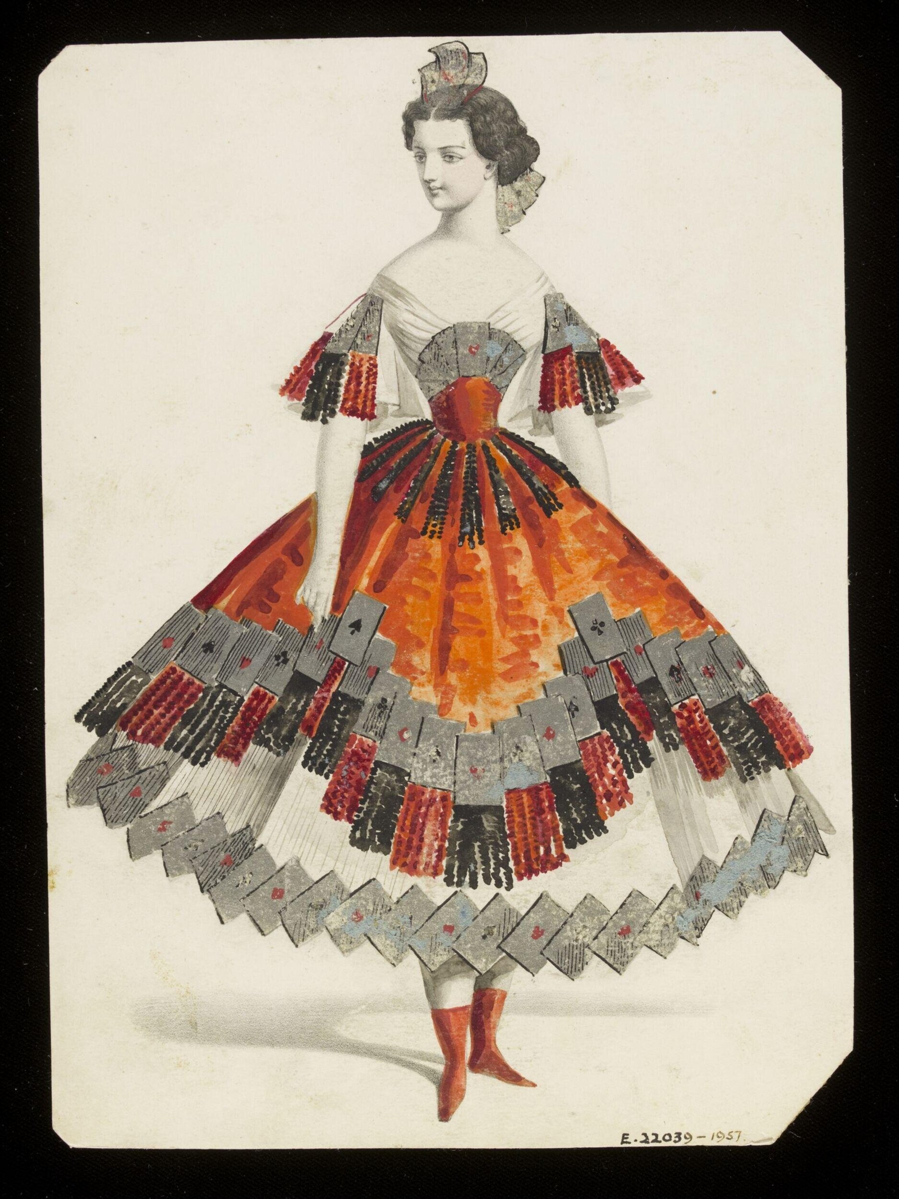 Elegant woman in 1860s ball gown with striking geometric panel skirt in red, black, and gray, and matching flared sleeves.