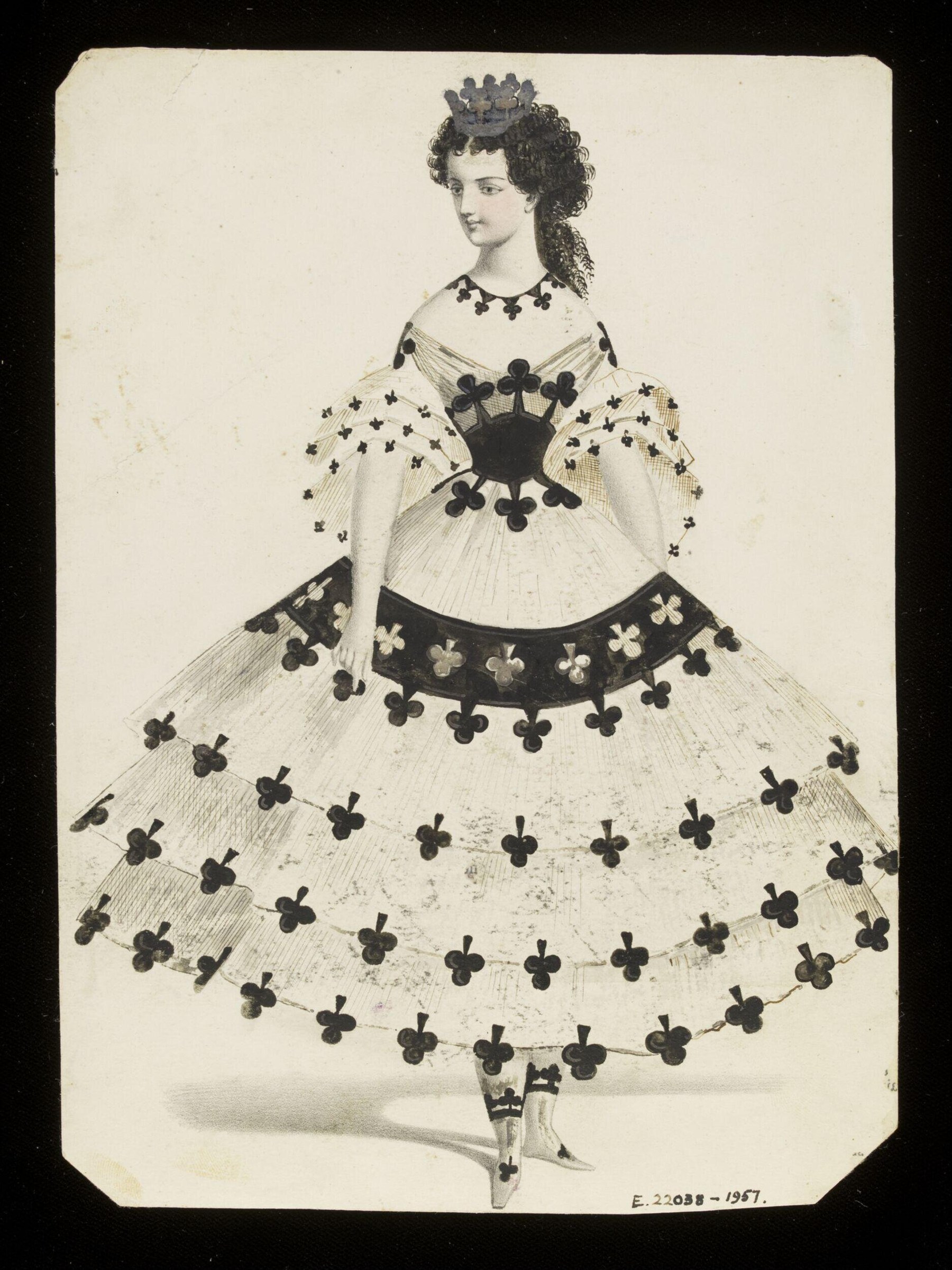 Victorian ball gown design with fitted black-trimmed bodice and white skirt covered in black fleur-de-lis pattern, crown tiara, and ringlet hair.