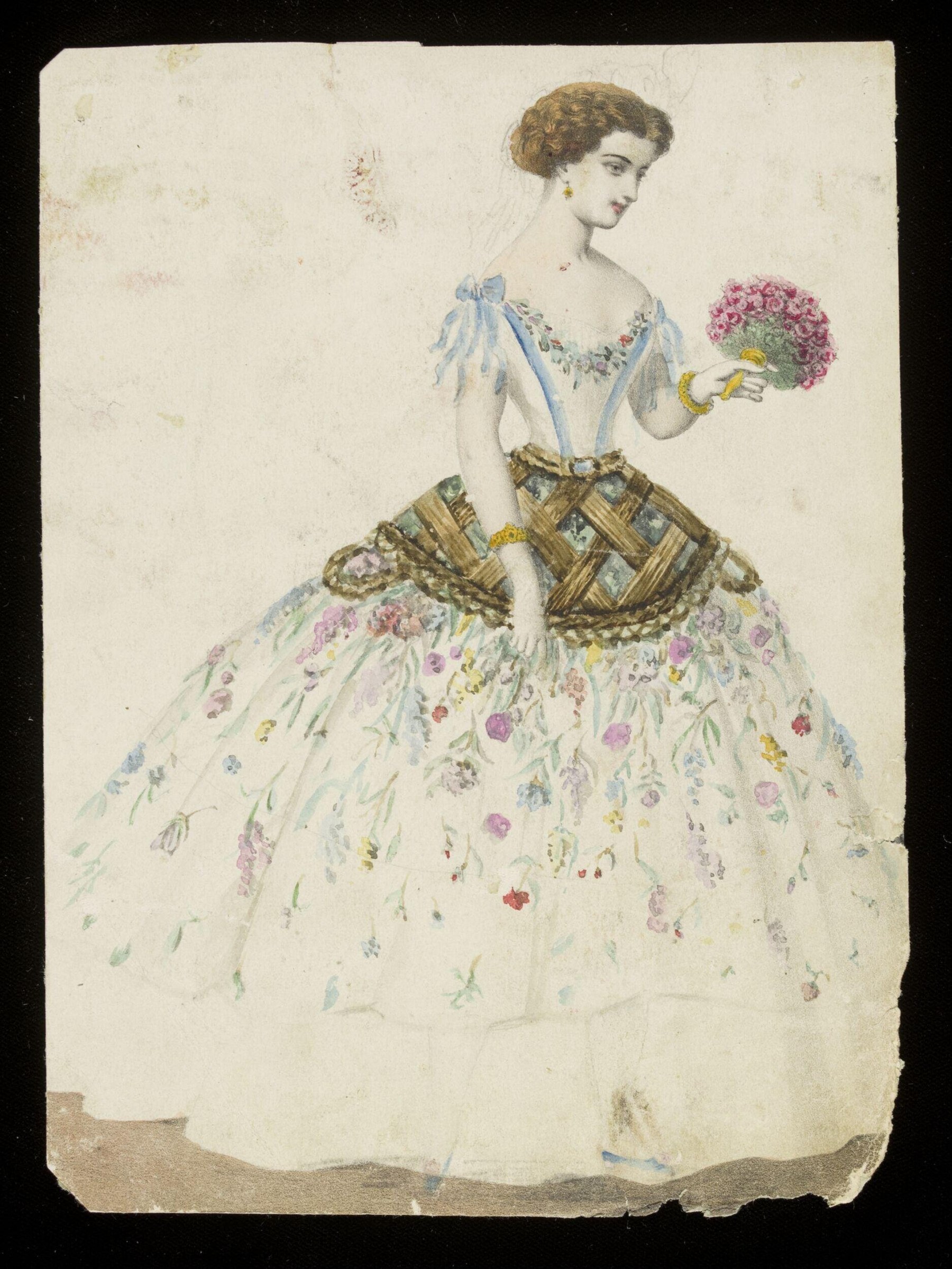 Hand-colored engraving of a woman in an 1860s ball gown with flowers embroidered on the bodice and a skirt hem decorated with cascading blooms.