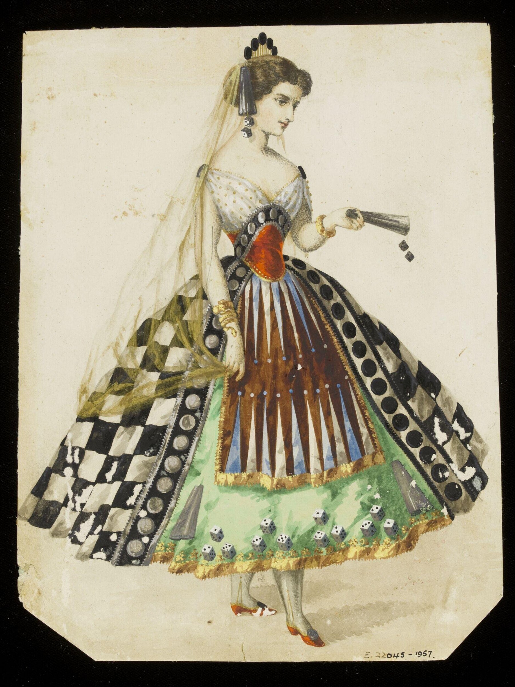 Hand-colored costume design of a woman in an ornate ball gown with pleated brown and green skirt decorated with white dice.