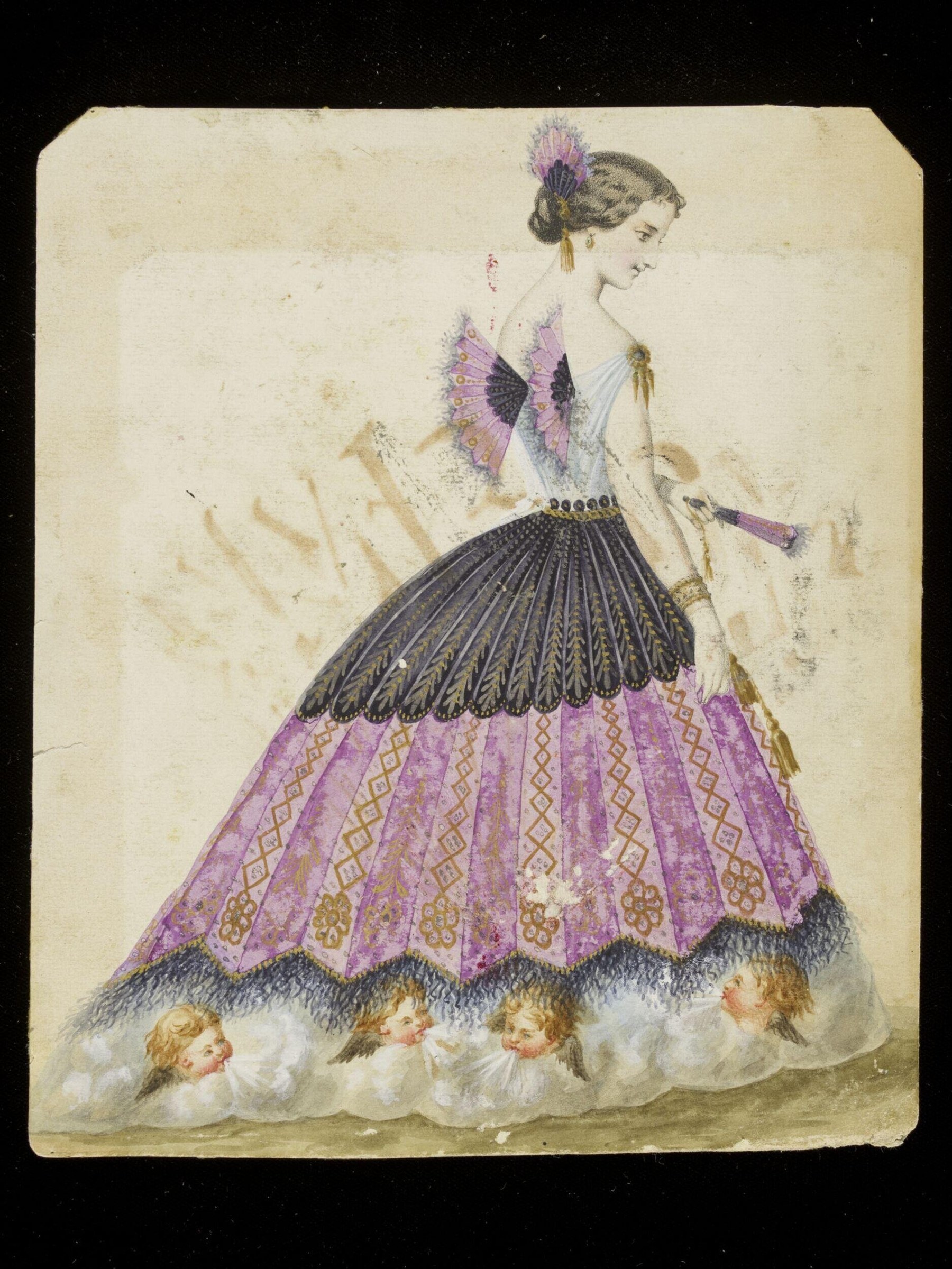 A woman in profile wearing an elaborate costume with feathered butterfly wings, decorated skirt, and ornamental headdress, holding a fan.