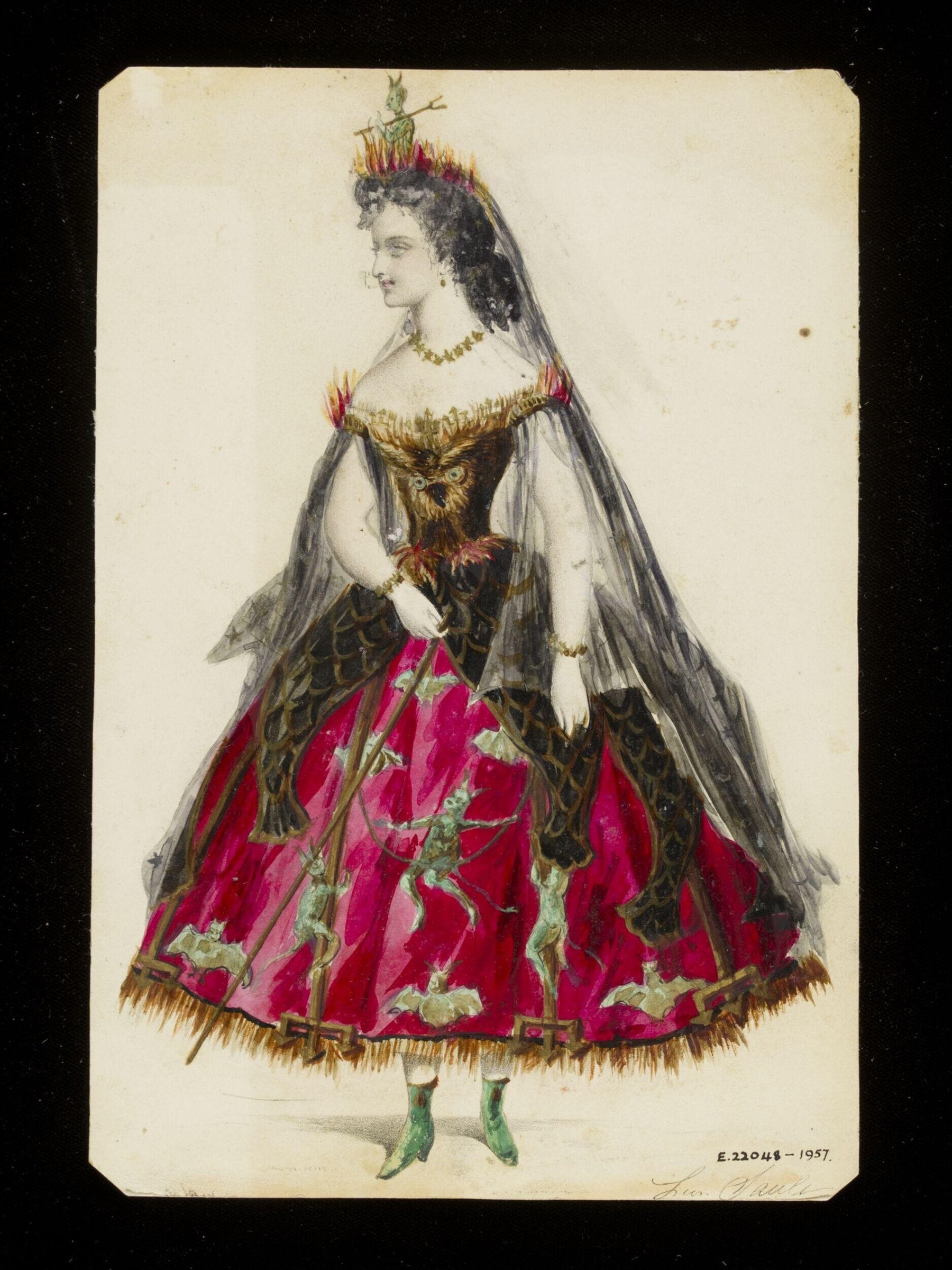 Woman in an elaborate 1860s costume with a voluminous magenta skirt, gold-trimmed bodice, and a headdress of red and green flame-like ornaments.