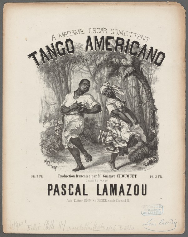 French engraving of two dancers in a wooded setting, arms spread in expressive gestures, titled Tango Americano.