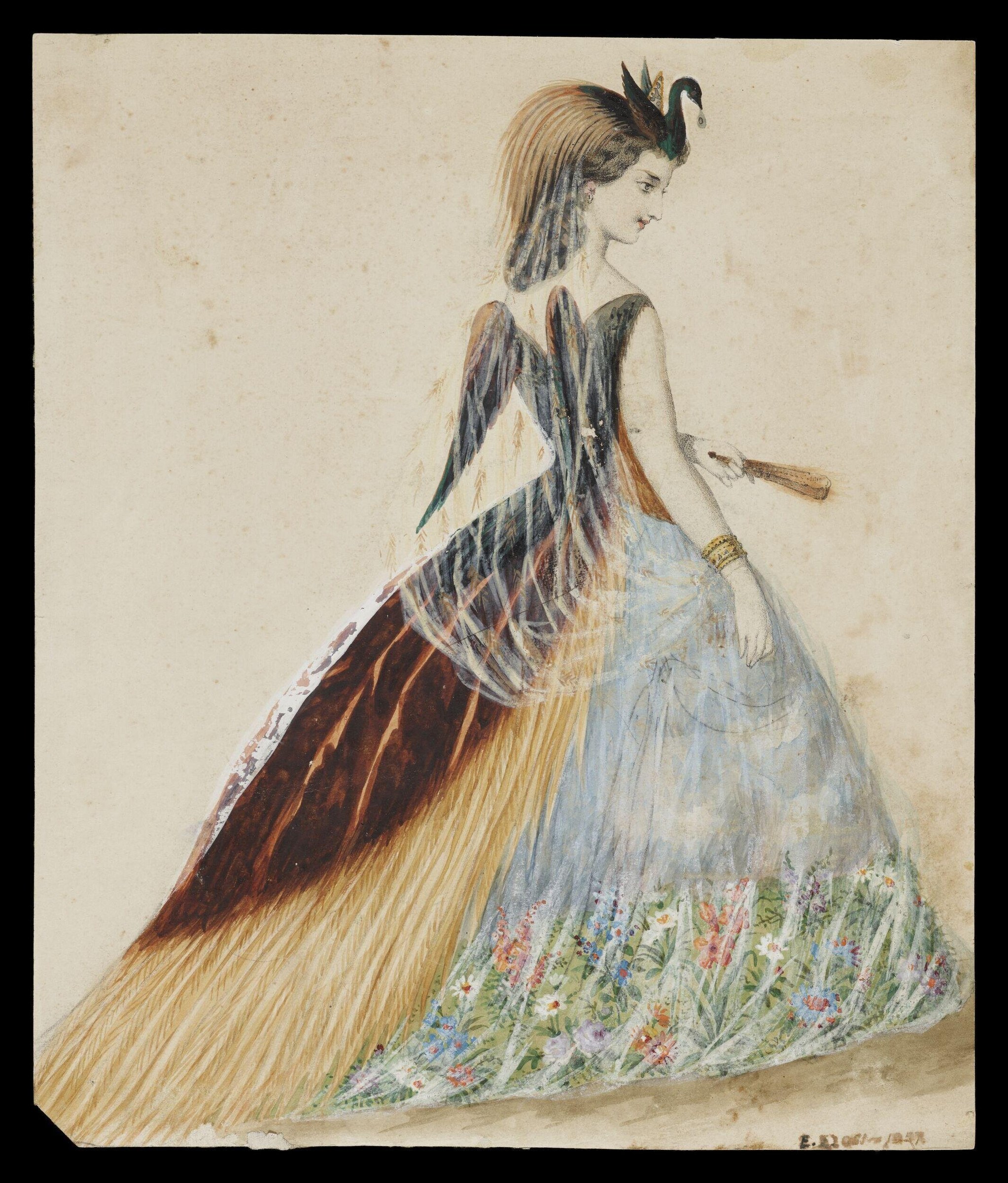 Watercolor drawing of a woman in profile wearing feathered wings and a wildflower-decorated skirt, a costume design for the Raggiana bird of paradise.
