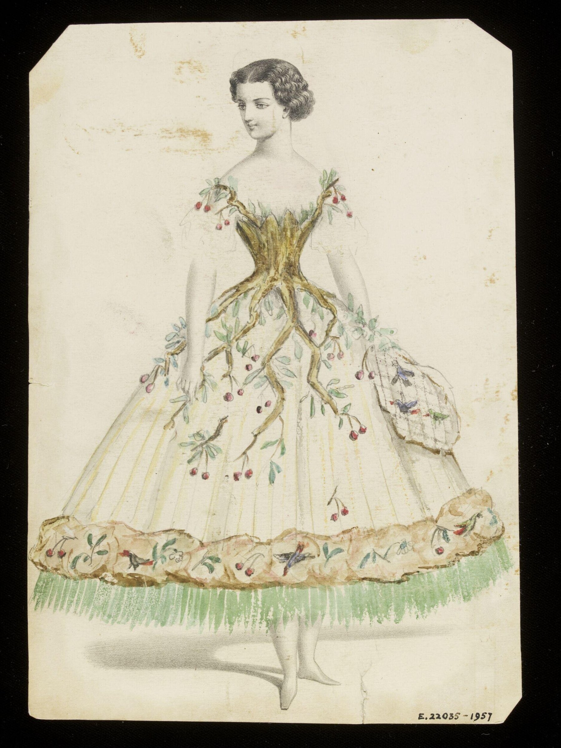 Woman in mid-nineteenth-century ball gown with cherry branches and fruit trailing across the bodice and skirt.