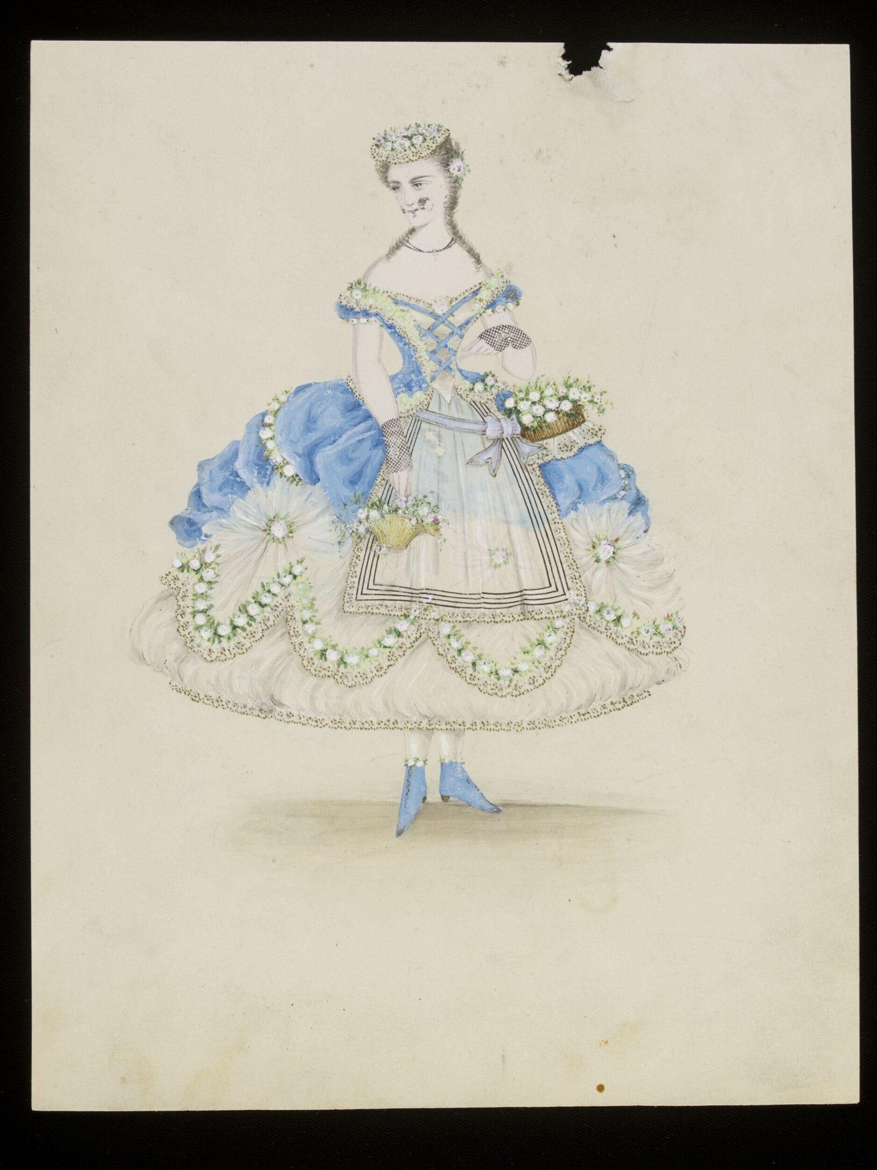 Hand-colored design drawing of an elaborate white and blue ball gown with scalloped hem decorated with lily-of-the-valley flowers, worn by a standing woman