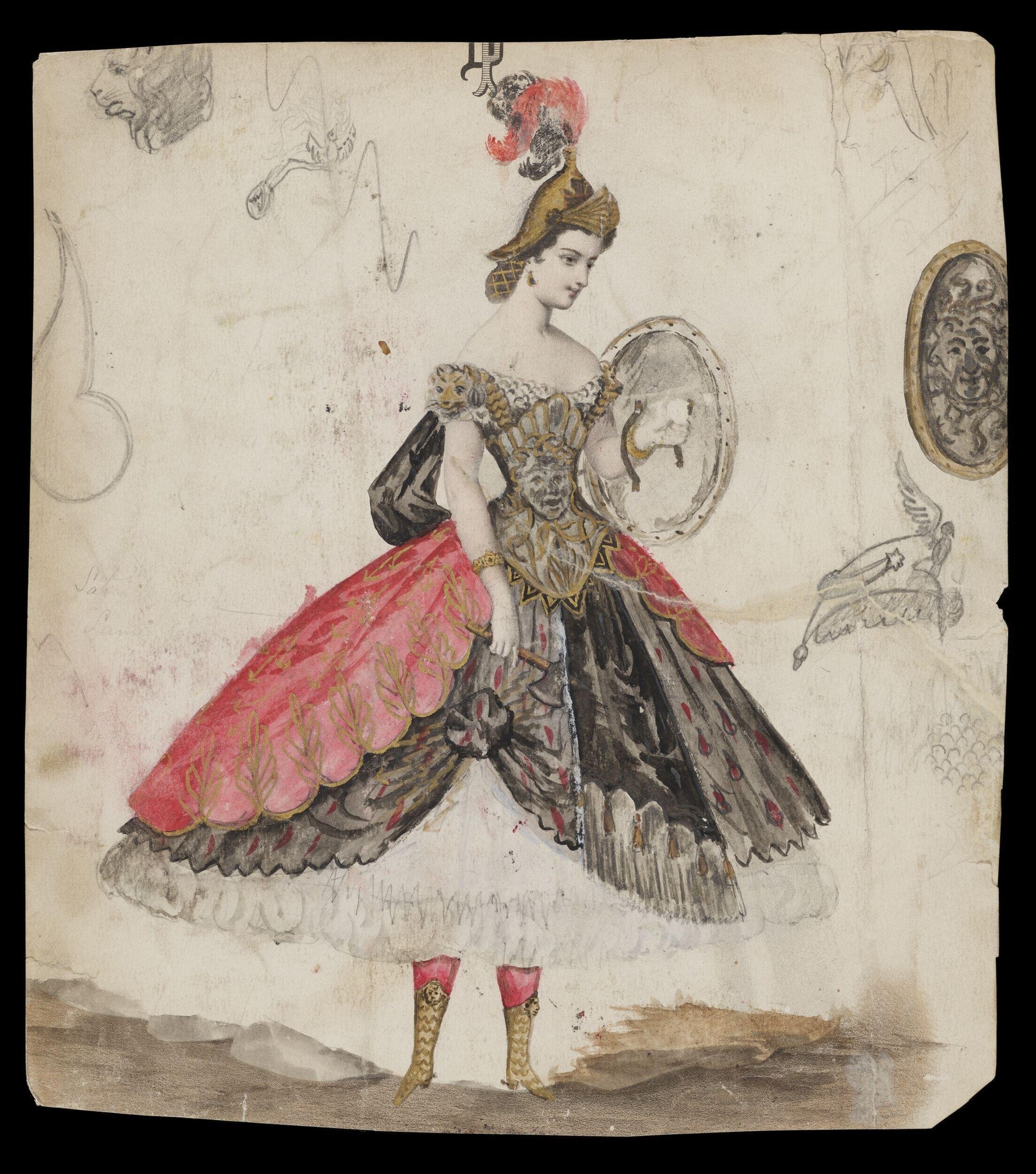 Hand-colored costume design showing a woman in classical Athena dress with feathered wings, ornate gold bodice, and towering headdress.