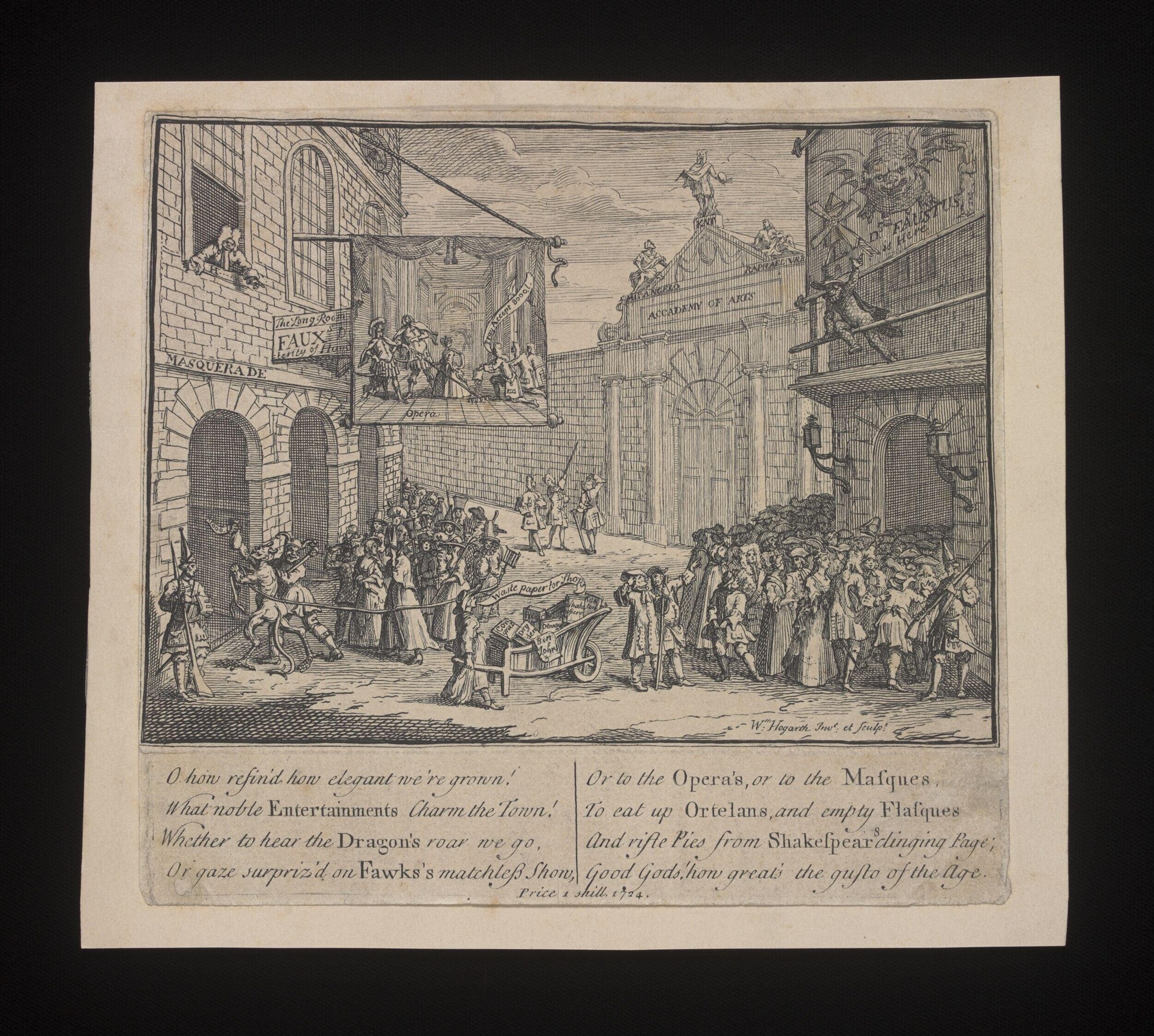 Engraving of crowded masquerade assembly in Georgian London, figures in costume mingling in ornate plaza